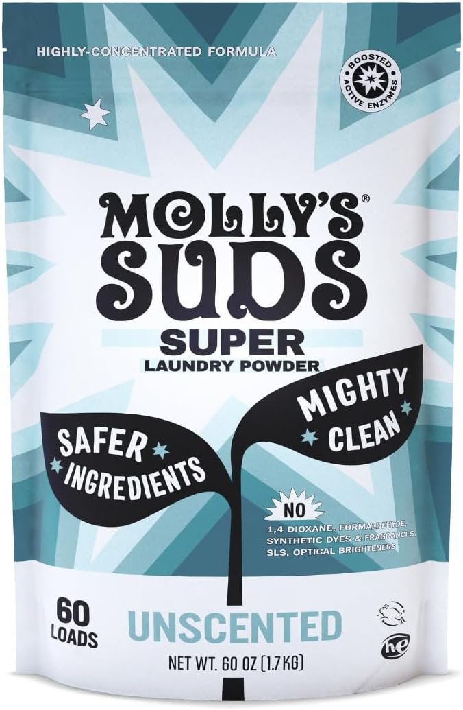 Molly’s Suds Unscented Super Powder Detergent | Extra Strength Laundry Soap, Stain Fighting | Sensitive Skin | Simple, Effective Ingredients | 60 Loads