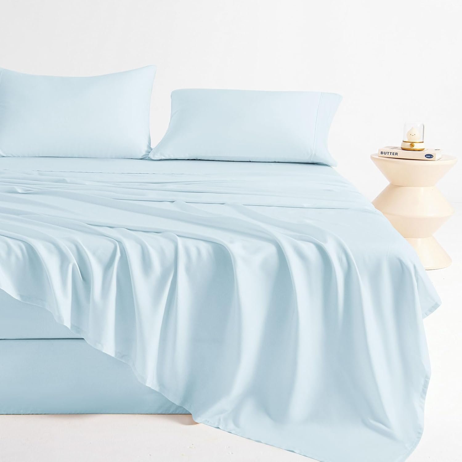 LONAVA 100% Viscose Derived from Bamboo Queen Sheet Set Sky Blue, 4 Pieces Soft Cooling Bedding with Deep Pocket UP to 16″, Silky Smooth, Organic & Breathable, Breathable Bed Sheets