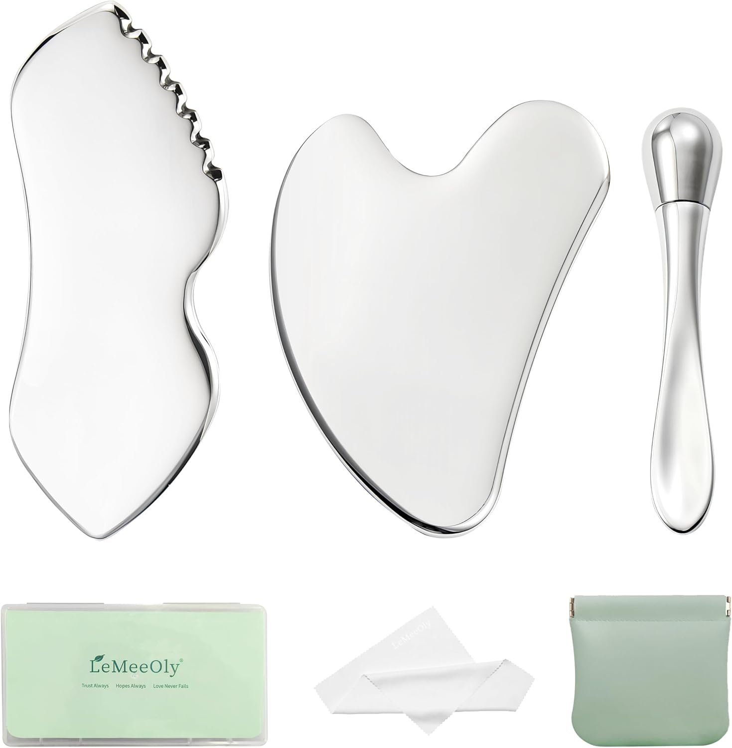 LeMeeOly 3pcs Stainless Steel Gua Sha Facial Tools & Eye Cream Applicator Metal GuaSha Set for Face Body, Detailer Gua Sha Lymphatic Drainage Massager,Guasha Face Sculpting Tool