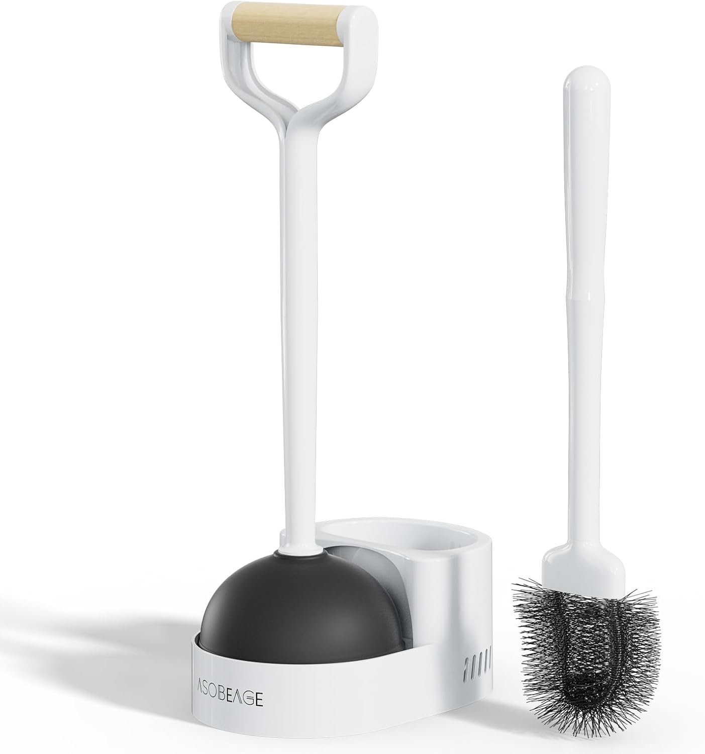 2-in-1 Toilet Brush Set with Natural Wood Handle: Toilet Brush with Nylon Bristles + Compact Holder – Removes Blockages Effectively, White