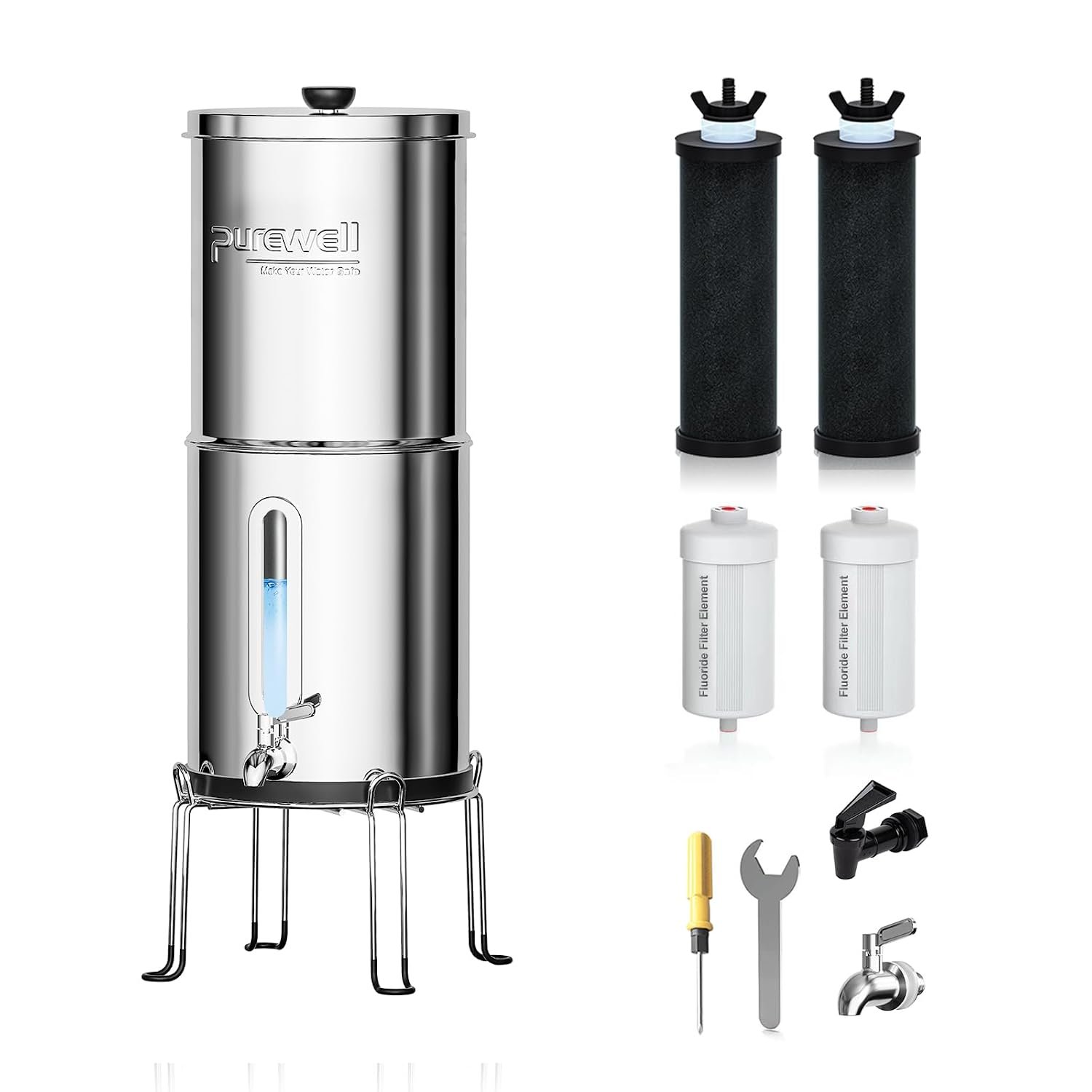 Purewell 1.5G Gravity Water Filter System with Water Level Window, 8-Stage 0.01μm Ultra-Filtration Stainless Steel Countertop System with 4 Filters and Stand, Reduce Fluoride and Chlorine, PW-MKS-CF