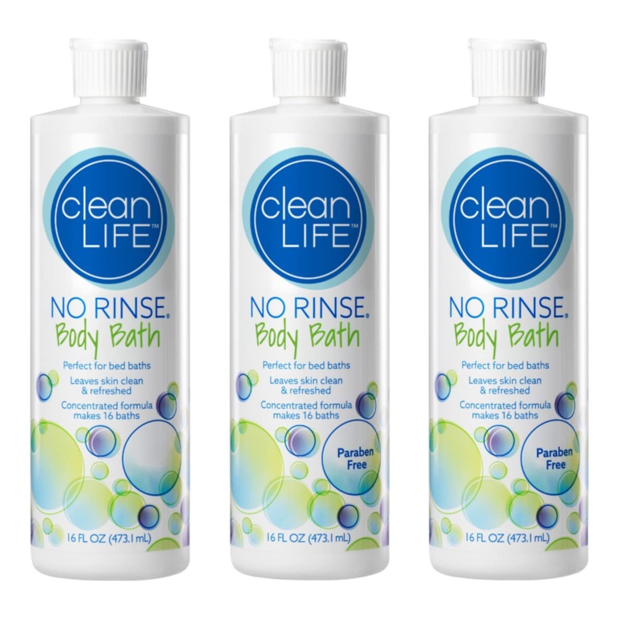 No-Rinse CleanLife Products Body Bath, 16 fl oz (Pack of 3, Makes 48 Complete Baths) – Gentle, Concentrated Liquid Body Wash Made in USA – Ideal for Post-Surgery, Elderly Care, Camping, and Travel