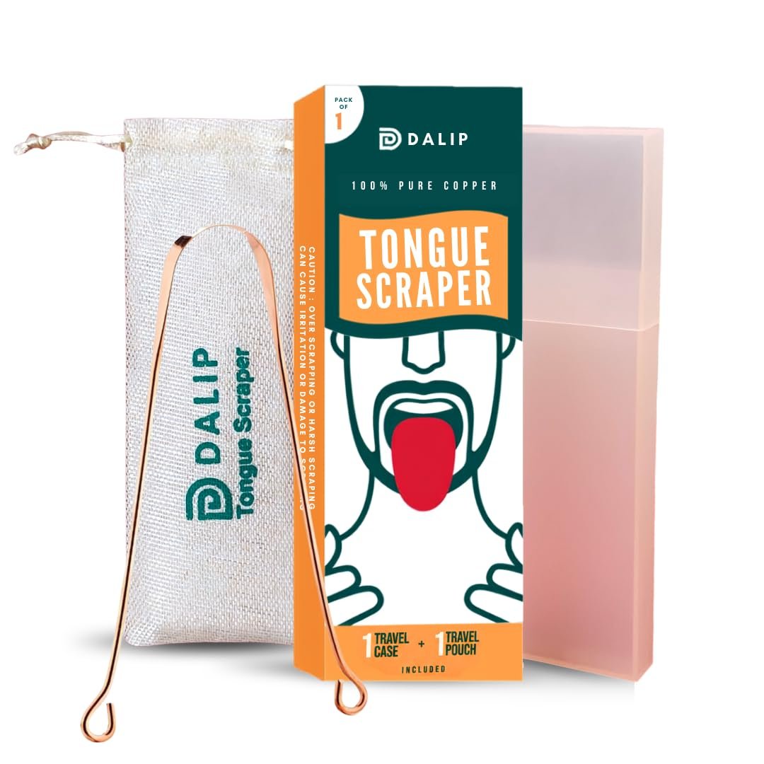 Pure Copper Tongue Scraper for Adults & Kids, 1 Pack Easy to Use Tongue Cleaner with 1 Travel Case & 1 Storage Pouch, Reusable Metal Tongue Scrubber for Bad Breath & Oral Hygiene