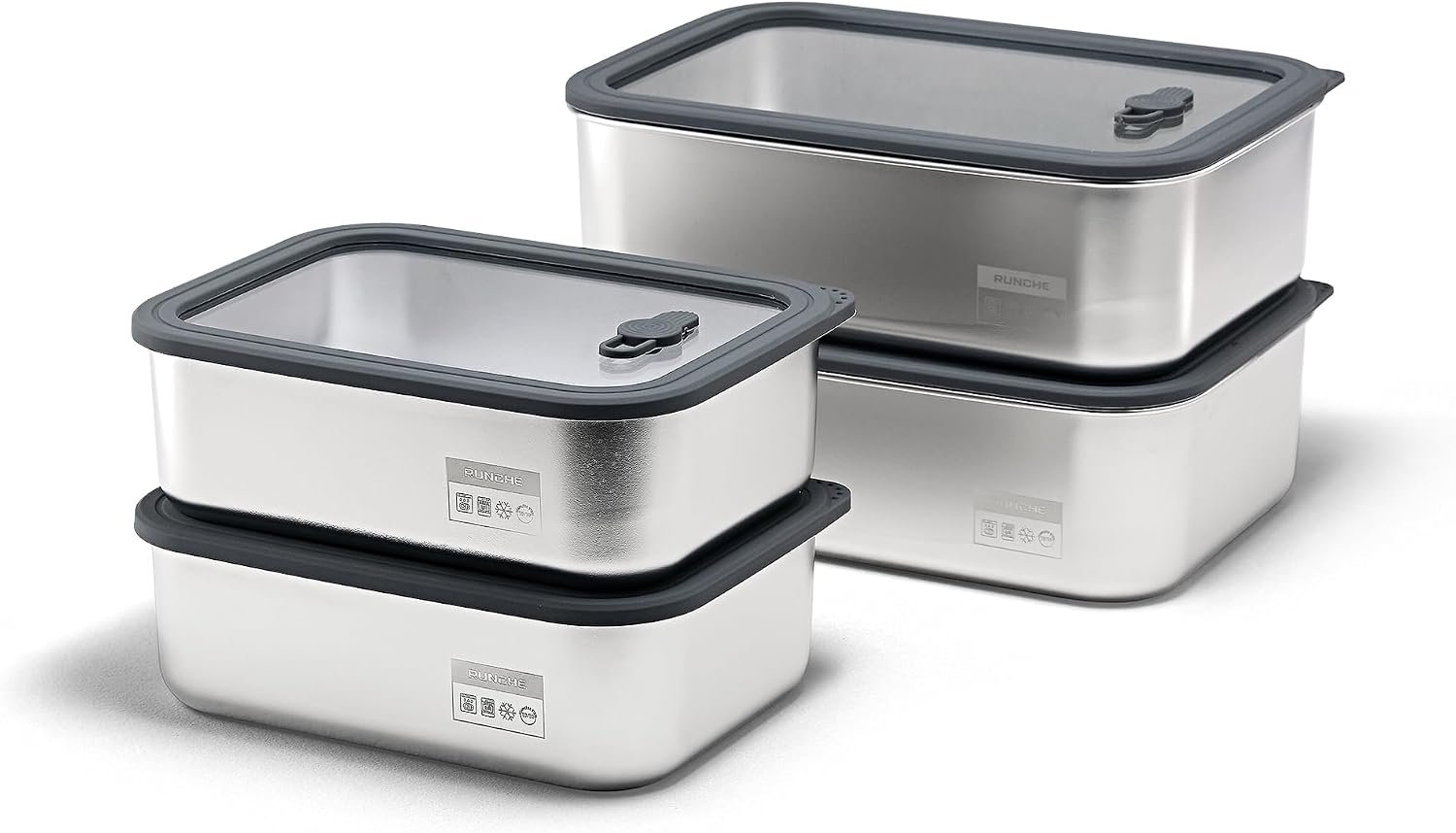 Stainless Steel Food Containers with Glass Lids, 2-Piece Airtight Food Storage Set, Rectangular, Stackable, Microwave and Dishwasher Safe, 2 x 88 oz, Silver Gray