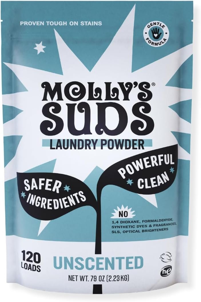 Molly’s Suds Original Laundry Detergent Powder | Clean Laundry Detergent Powder for Sensitive Skin | Simple, Effective Ingredients, Stain Fighting | 120 Loads (Unscented)