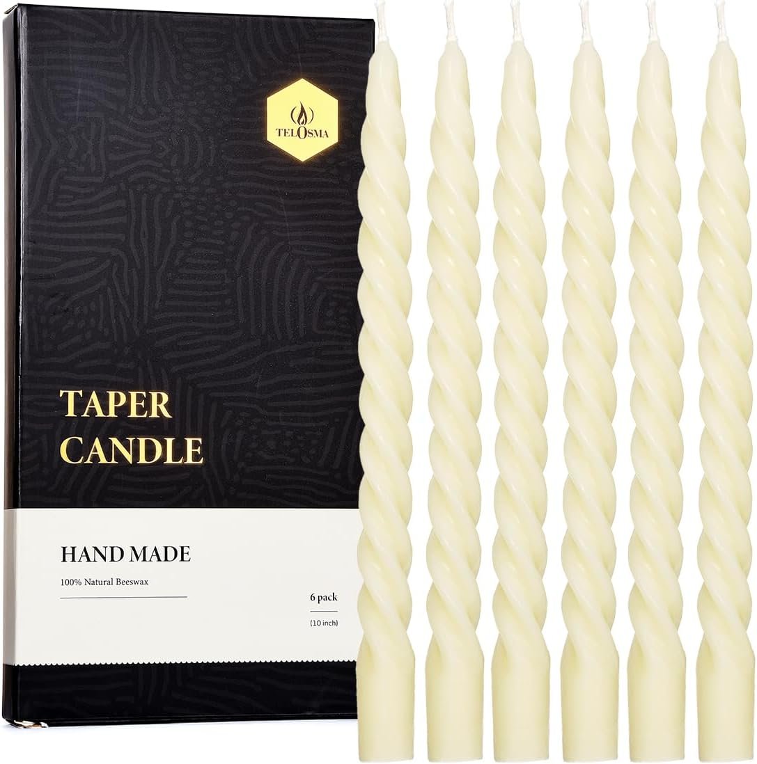 TELOSMA Spiral Beeswax Taper Candles, Dripless, Off White, 10 Inch, 6 Pack