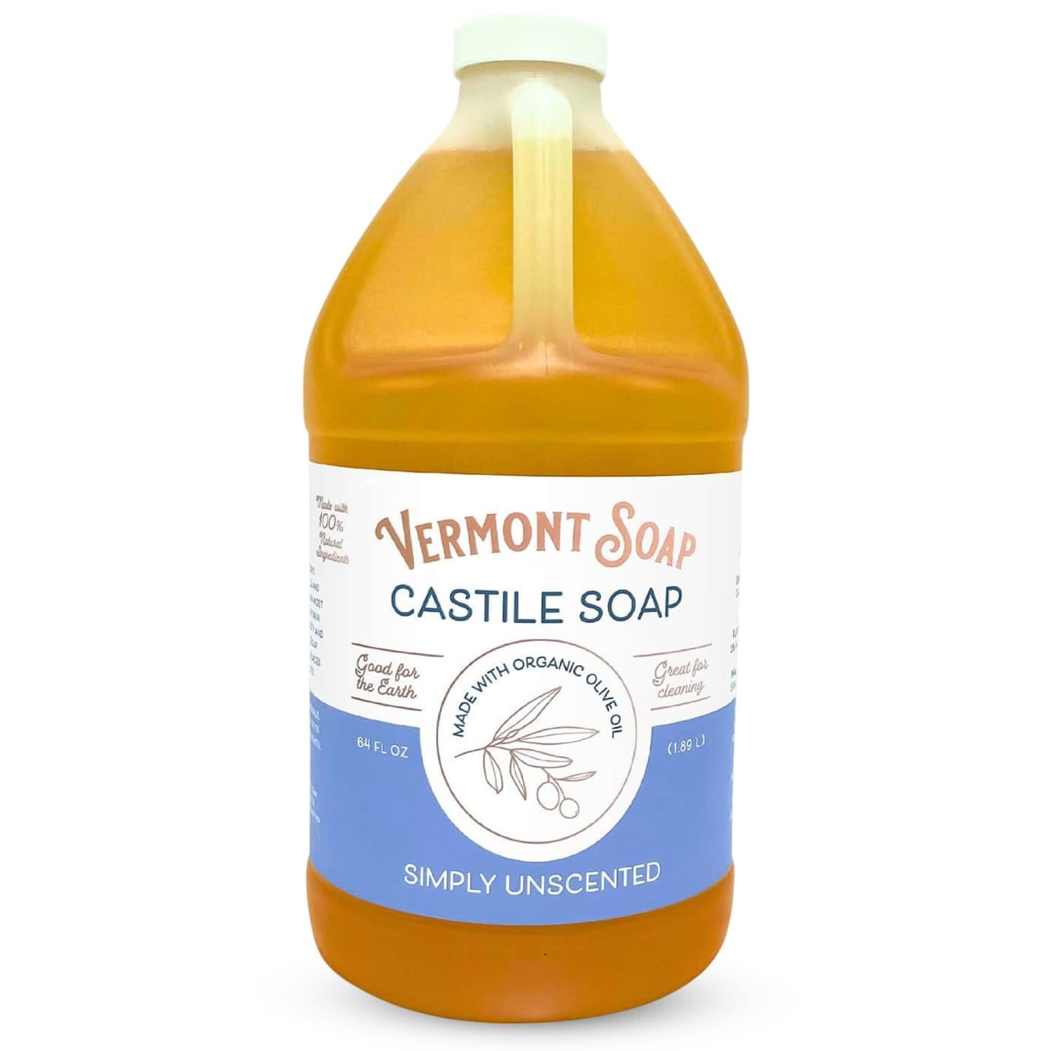 VERMONT SOAP Castile Soap Unscented, Liquid Soap, Natural Body Wash, 64 oz