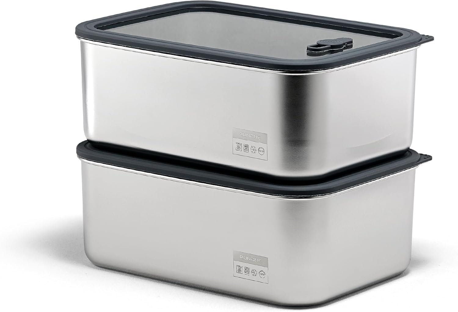 Stainless Steel Food Containers with Glass Lids, 2-Piece Airtight Food Storage Set, Rectangular, Stackable, Microwave and Dishwasher Safe, 2 x 88 oz, Silver Gray