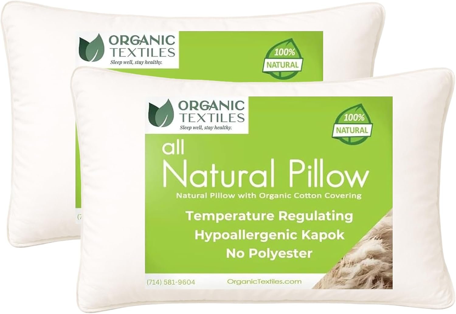 Organic Natural Kapok Pillow with Organic Cotton Removable Cover for Sleeping – GOTS Certified, Adjustable Loft, Cooling and Breathable, Easy Care – Child (20″x16″) – Pack of 2