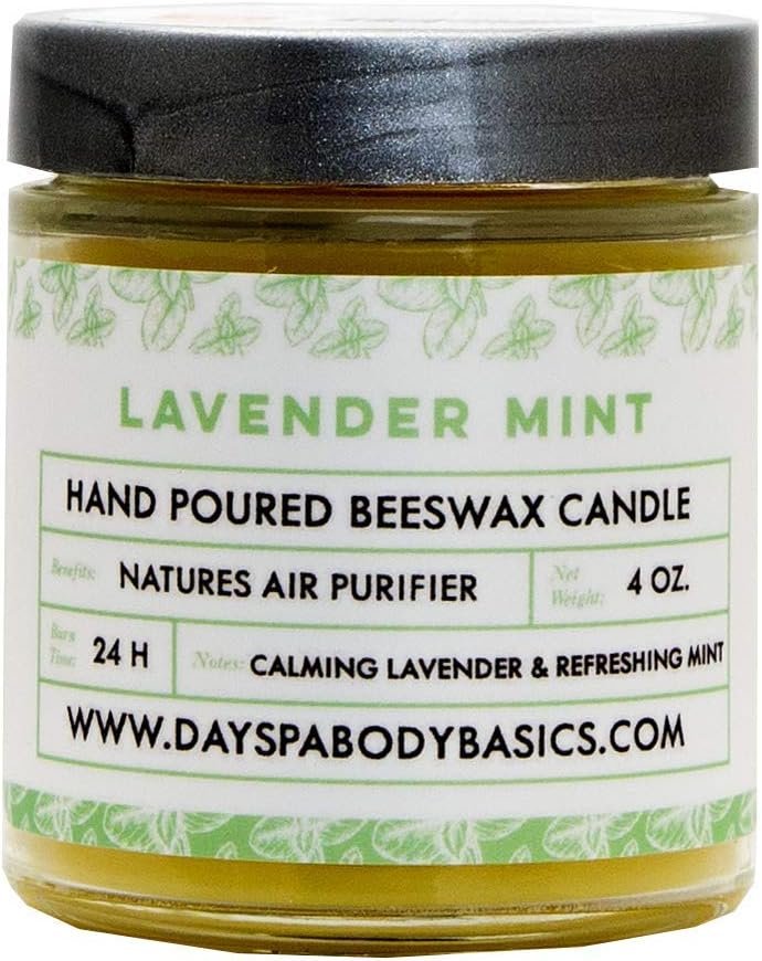 Lavender Mint Hand-Poured Beeswax Candle – All-Natural Essential Oil Scented, Cotton Braided Wick, Smokeless, Non-Toxic Handmade in USA by DAYSPA Body Basics