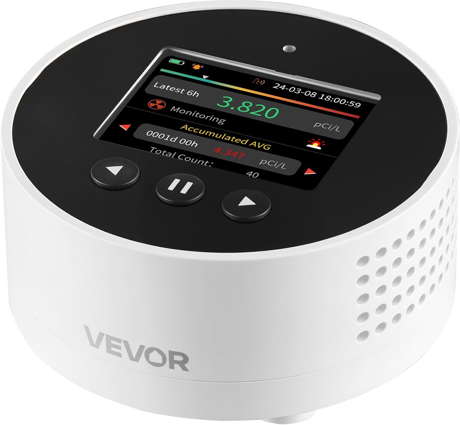VEVOR Radon Detector for Home, Portable Radon Gas & Air Quality Monitor with LCD Color Display, Visual & Audible Alarms, Long-Term Monitoring, Battery Operated or Wired Use