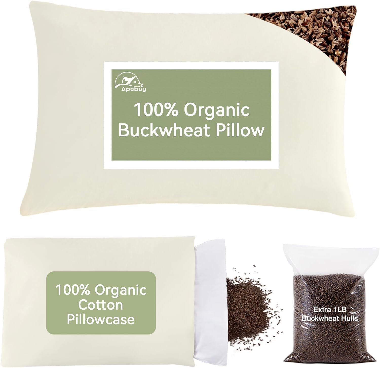 20×26 Large Organic Buckwheat Pillow with Extra Cotton Pillowcase and Tartary Buckwheat Hulls, Adjust Height and Firmness, Firm Neck Support Pillow for Back and Side Sleepers