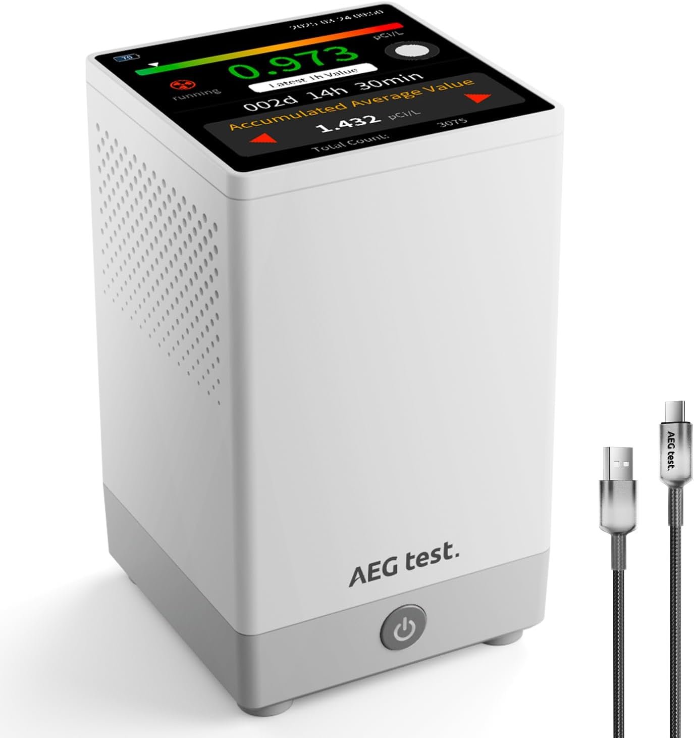 HOUND-2033 Home Radon Detector, 3.4″ Touchscreen, 10-Min Update Rate, Sound & Light Alerts, Rechargeable & Portable, Long-Term Tracking, USB Data Export, pCi/L or Bq/m³ – White