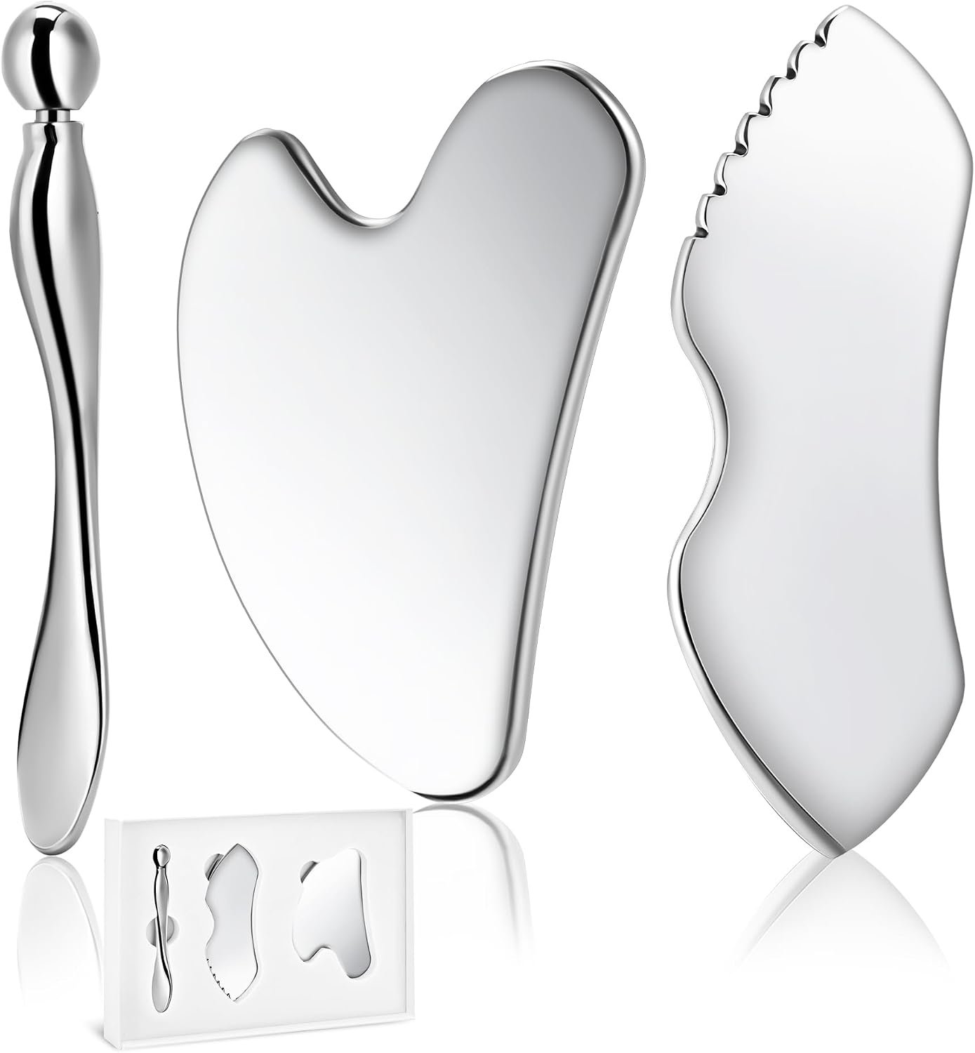 Gua Sha Facial Tools, 3 in 1 Stainless Steel Metal Guasha & Eye Cream Applicator Facial Sculpting Tool Set Eye Massager Lymphatic Drainage for Face Neck (Gift Box Set)(Boxed 2, Count, 3)