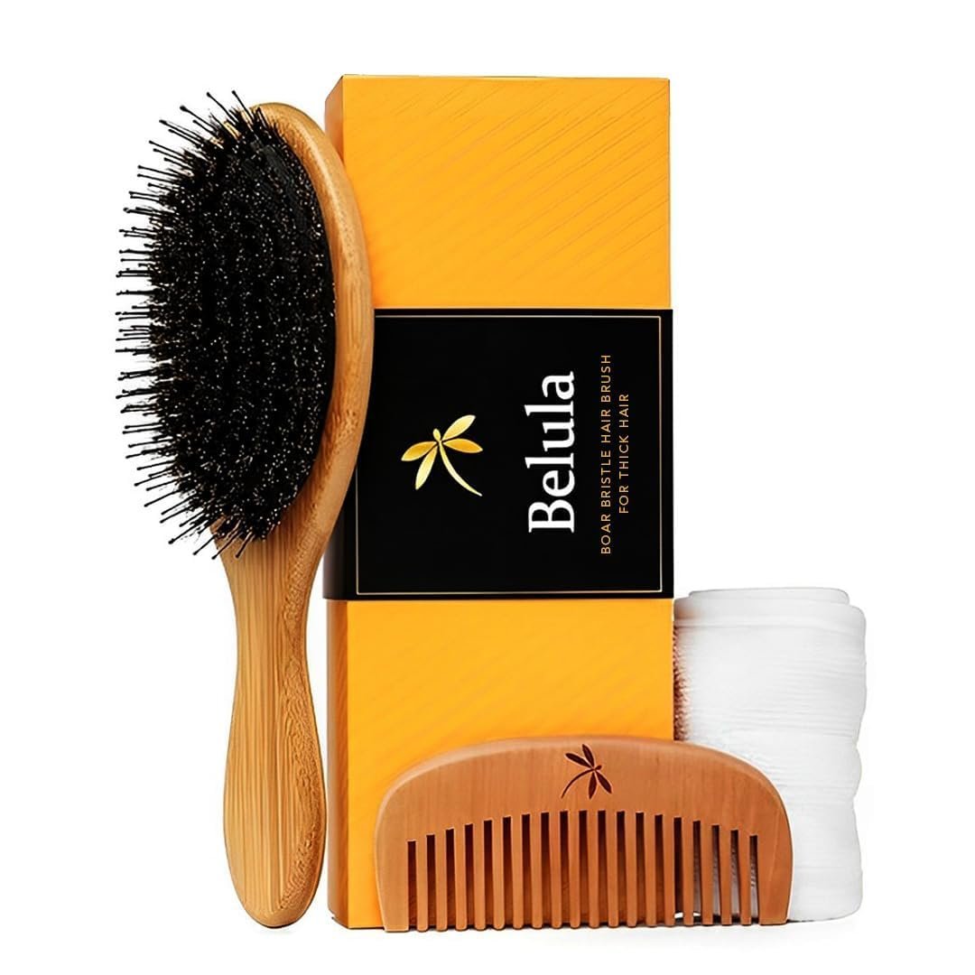 Belula Boar Bristle Hair Brush Set for Thick, Long and Curly Hair, Medium