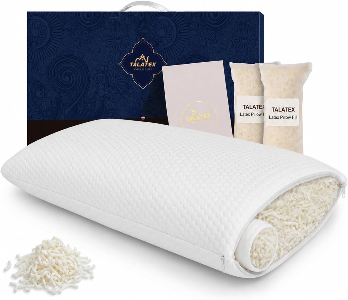 Talatex Talalay Shredded Latex Pillow-100% Natural Latex Premium Pillow with Adjustable Neck Support Area for Back, Stomach or Side Sleepers