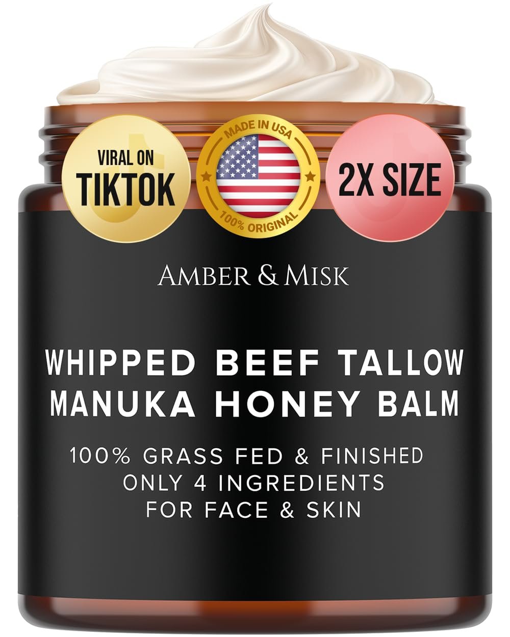 Whipped Beef Tallow and Honey Balm, 100% Grass Fed Beef Tallow Balm, Grass Finished Organic Beef Tallow for Skin, Face Wrinkles, Acne, No Fragrances, Made In USA Products Only, TikTok Trend Items