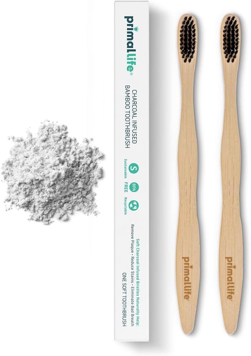 Primal Life Organics – Charcoal Toothbrush, Made with Charcoal & Bamboo, Biodegradable, BPA-Free, Perfect for Kids & Adults, Recyclable, Gently Massages Gums & Teeth, Zero Waste Toothbrush, (2-Pack)