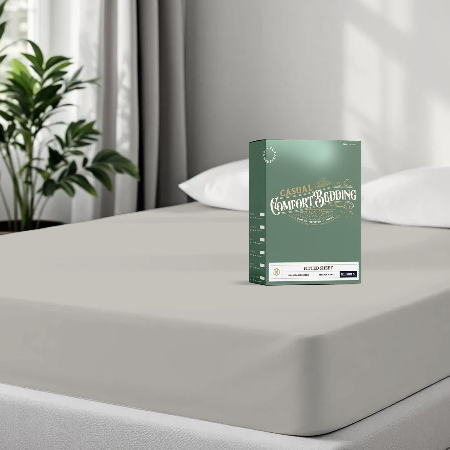 TEXAS LINEN CO. 100% Organic Cotton Fitted Sheet Full, Percale, Light Grey