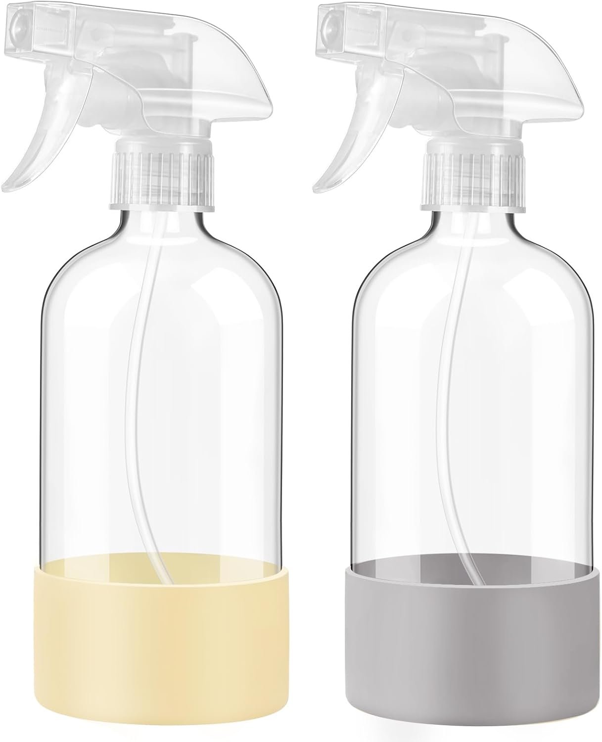 Glass Spray Bottles with Silicone Sleeve, 2Pack 16oz, Pale Yellow&Grey