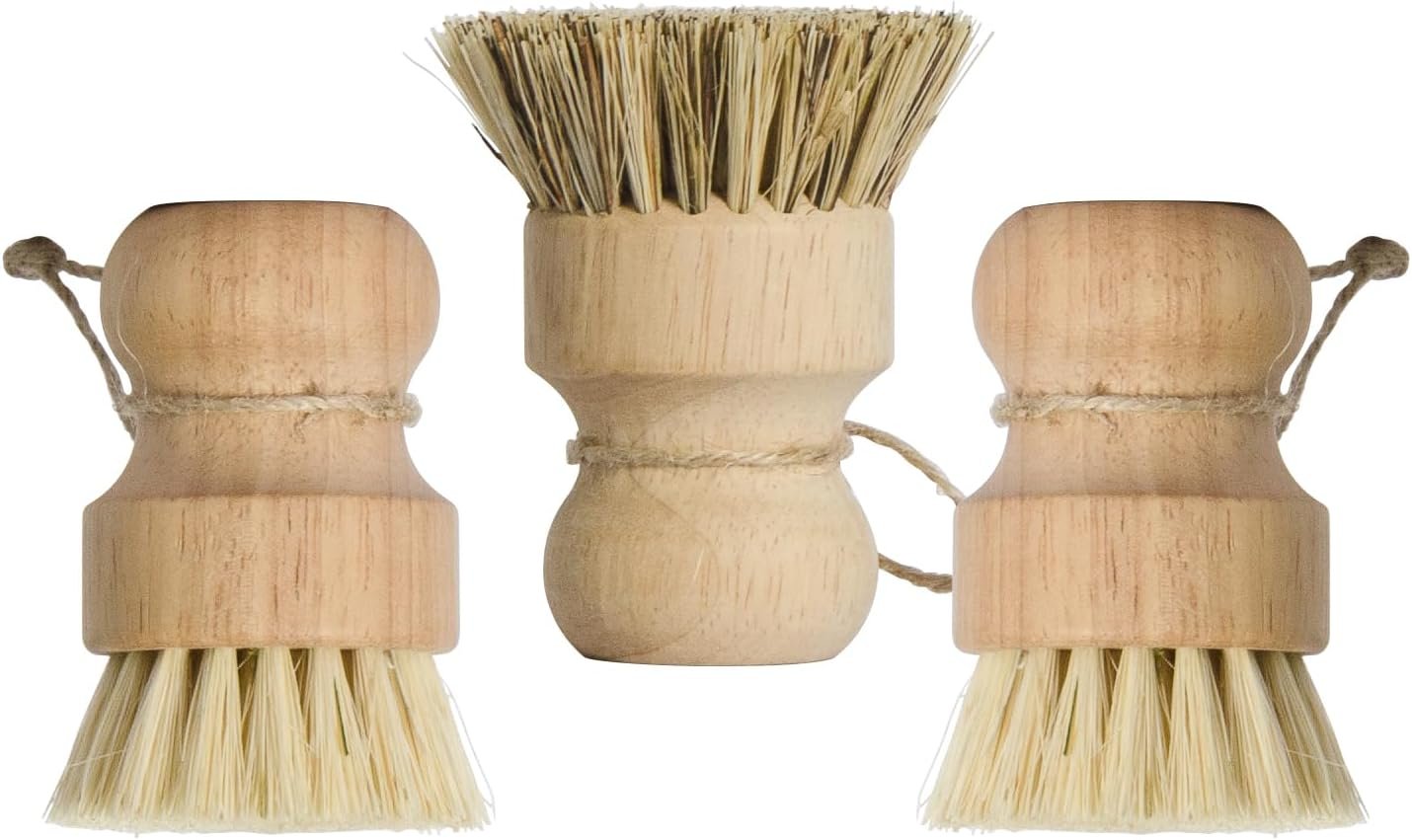 Pot Brush 3 Pack with Sisal and Coconut Coir, Wood Handle Scrub Brushes for Cast Iron Non-Stick Pans and Cookware
