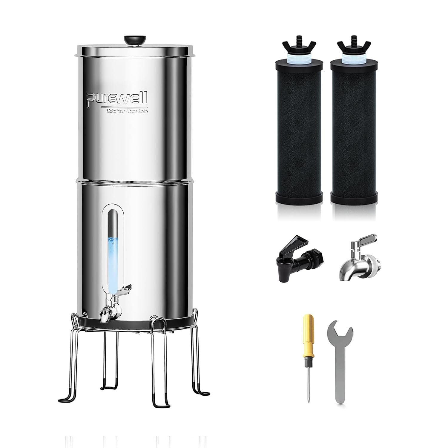 Purewell 1.5G Gravity Water Filter System, 3-Stage 0.01μm Ultra-Filtration Stainless Steel Countertop System with 2 Filters and Stand, Reduce 99% Chlorine, PW-MKS