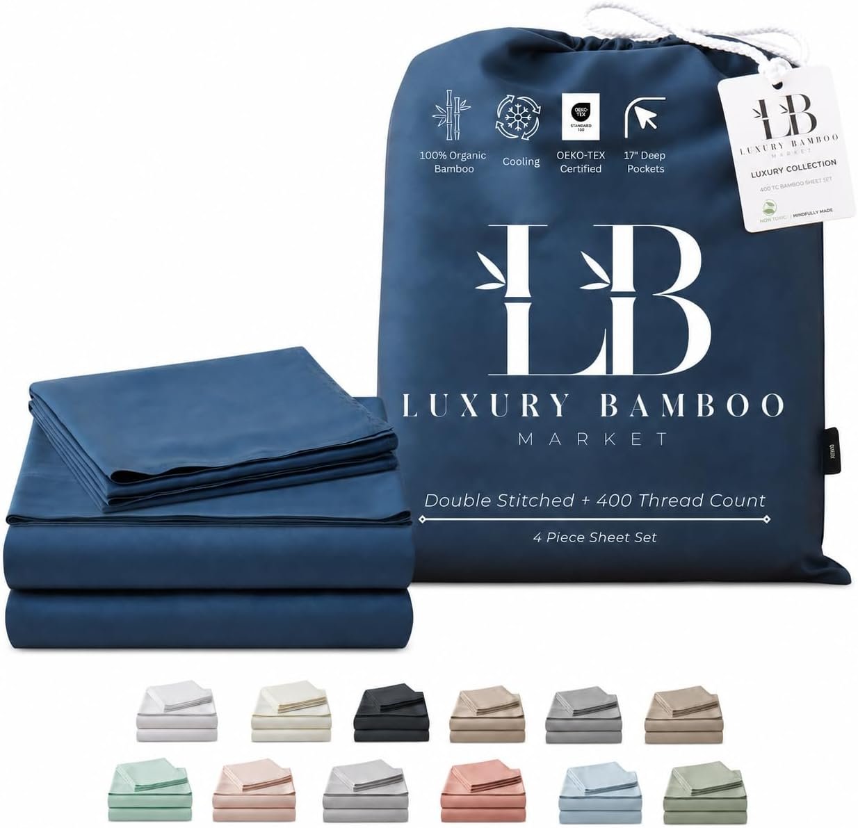Luxury Bamboo Market | King Size Bed Sheet Set | 100% Viscose Made from Bamboo | Organically Grown | Ultra Soft | Cooling Sheets for Hot Sleepers | 17″ Deep Pocket [Midnight Blue]