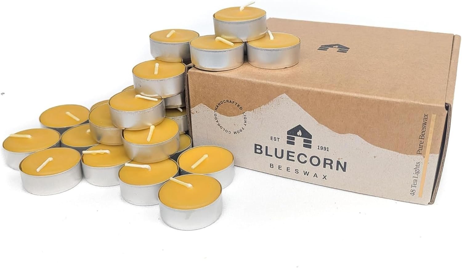 Bluecorn Beeswax Tea Light Candles, Raw Yellow, Metal Cups, 48 Pack