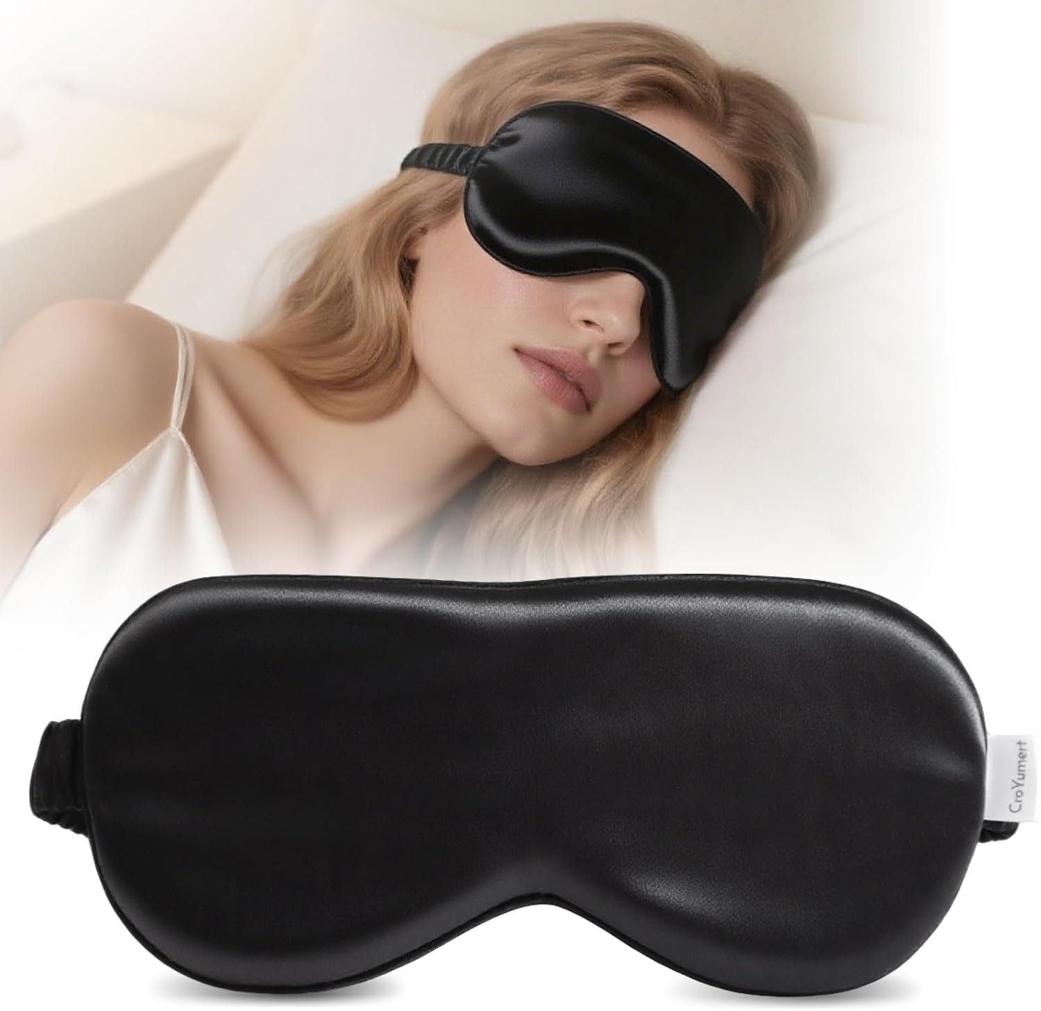 100% Pure Mulberry Silk Eye Mask – 22 Momme Adjustable Strap, Light Blocking, Silk Storage Bag & Gift Box – for Sleep/Travel/Gift, Sensitive Skin Friendly (Black)