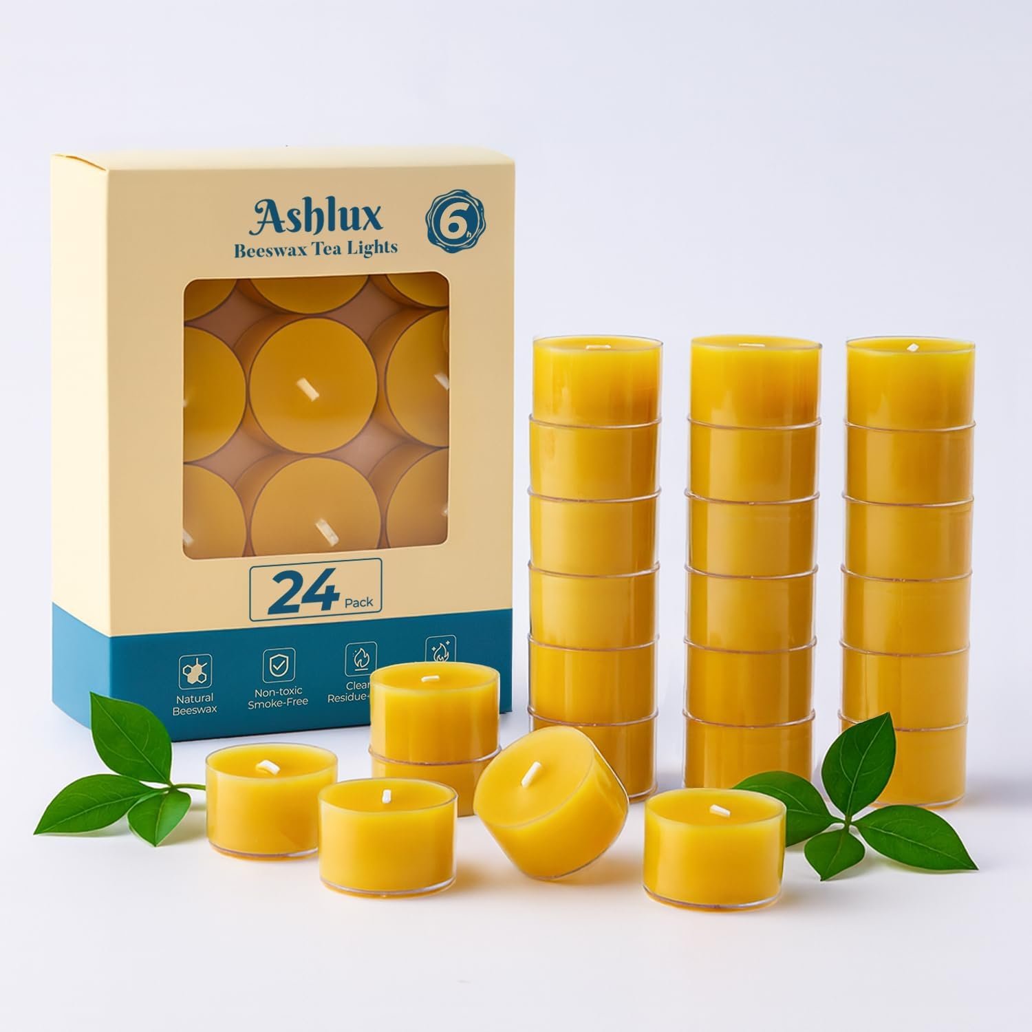 Ashlux Beeswax Tea Lights Candles 24 Pack, 6 Hours Clean Burn