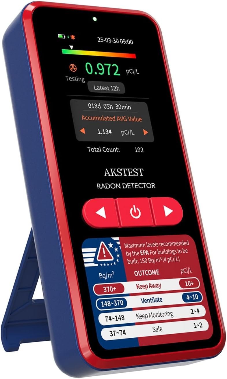 RM-60 Portable Radon Detector, High-Accuracy Sensor Radon Monitor, Long-Term Monitoring, Audible & Visual Alarms, Rechargeable Radon Tester with TFT Color Display, for Home, Basement, pCi/L or Bq/m³