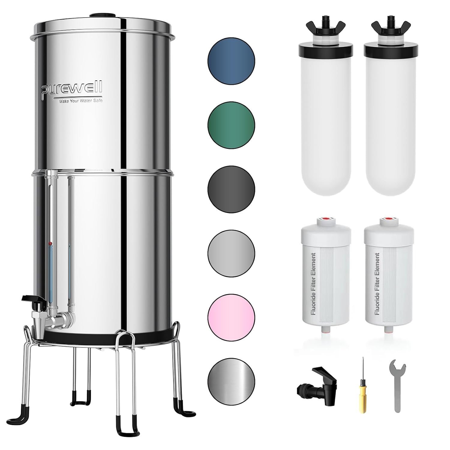 Purewell 8-Stage Gravity Fed Water Filter System, 2.25 Gallon Stainless Steel Countertop System with 4 Filters, Metal Water Level Spigot and Stand, Reduce Fluoride and Chlorine, PW-OBT-CF