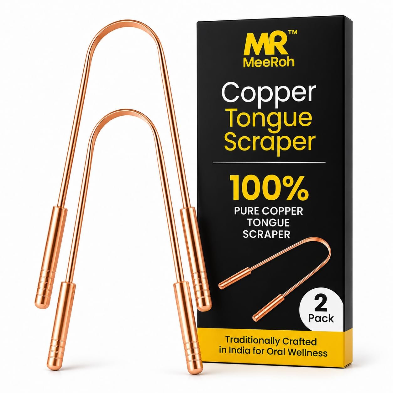 MeeRoh Pure Copper Tongue Scraper (2 Pack) | Ayurvedic U-Shaped Metal Tongue Cleaner & Scrubber for Bad Breath | Professional Oral Hygiene Tool for Adults & Kids