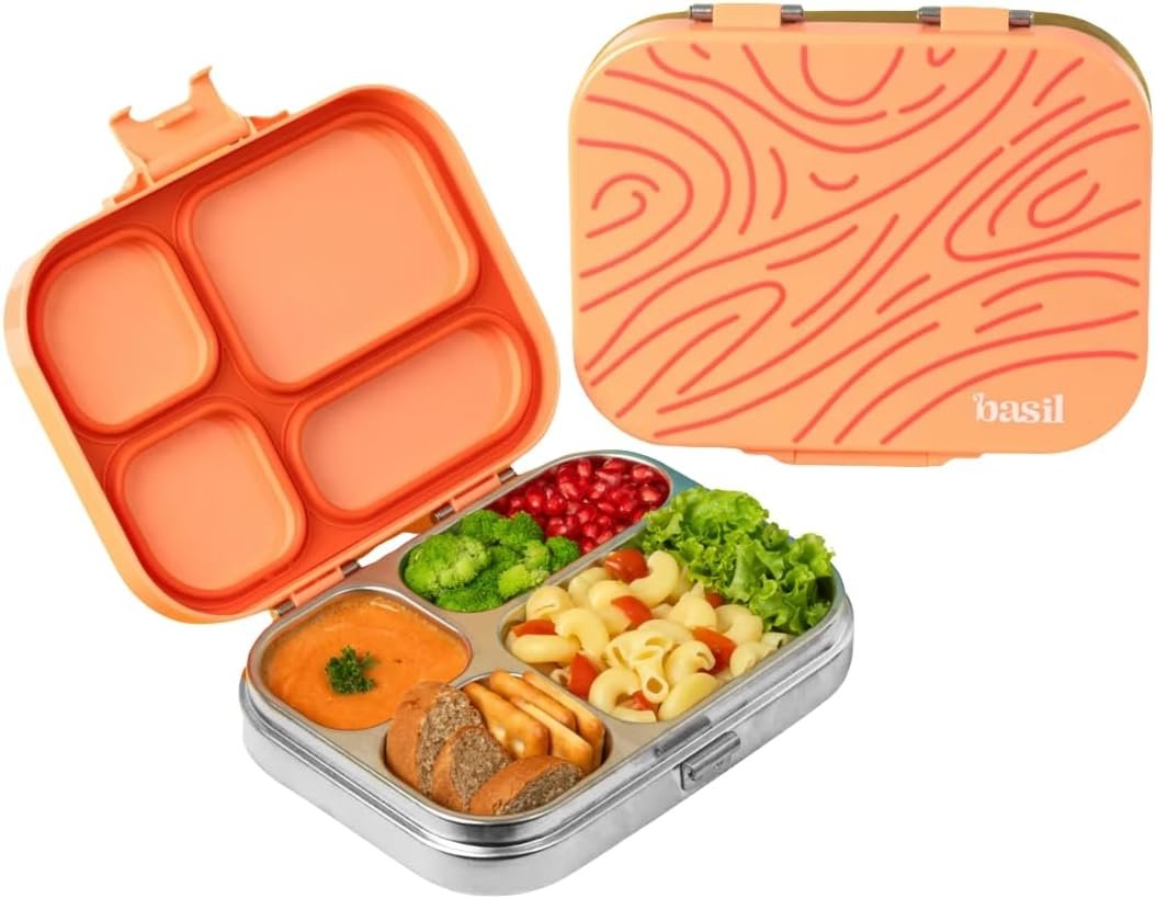 Basil Bento Box Quad – Stainless Steel Leak Resistant Lunch Box for Kids & Adults | 4 Compartments | 27 Oz | Dishwasher safe, BPA Free, Food Grade Premium Lunch Box for School & Office | Coral Swirl