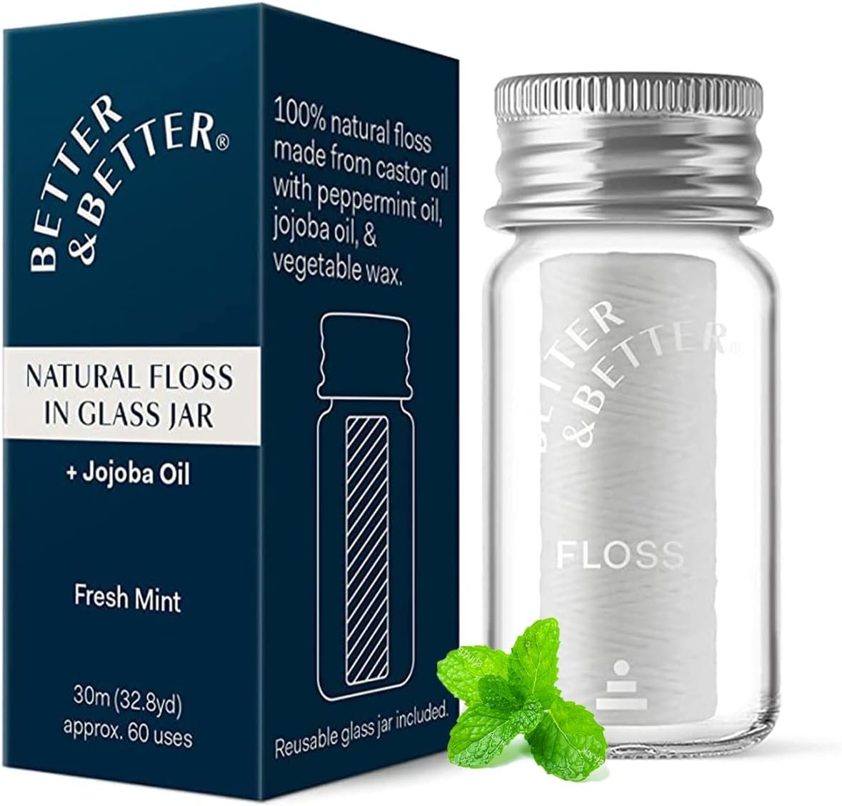 Better & Better Natural Floss in Refillable Glass Jar | Waxed & Zero Plastic Oral Care – 100% Plant-Based, Vegan, Eco and Non Toxic Dental Floss, 1 Spool