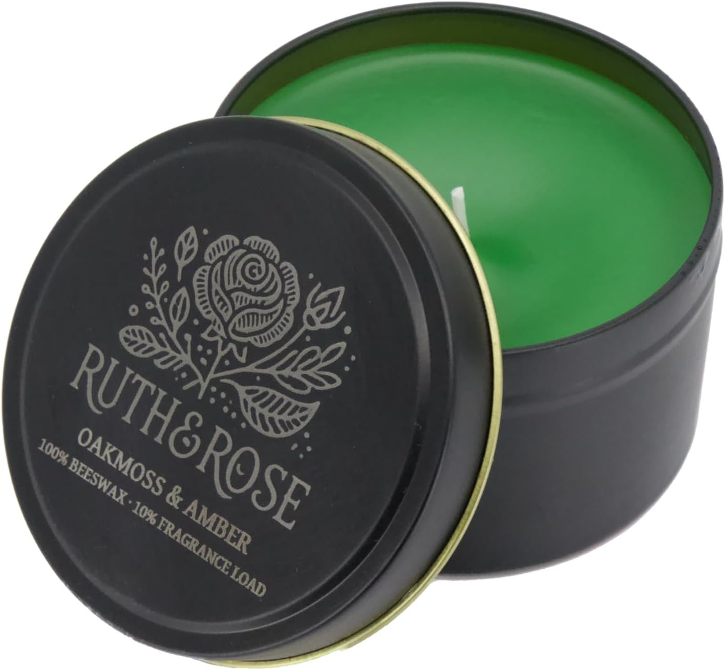 RUTH & ROSE Oakmoss & Amber Scented Candle, 100% Beeswax Candle for Home, 8oz, +65 Hours Burn Time, Aromatherapy Non Toxic Candles, Gift for Women & Men, Made in USA, Perfect for Travel or Gifting