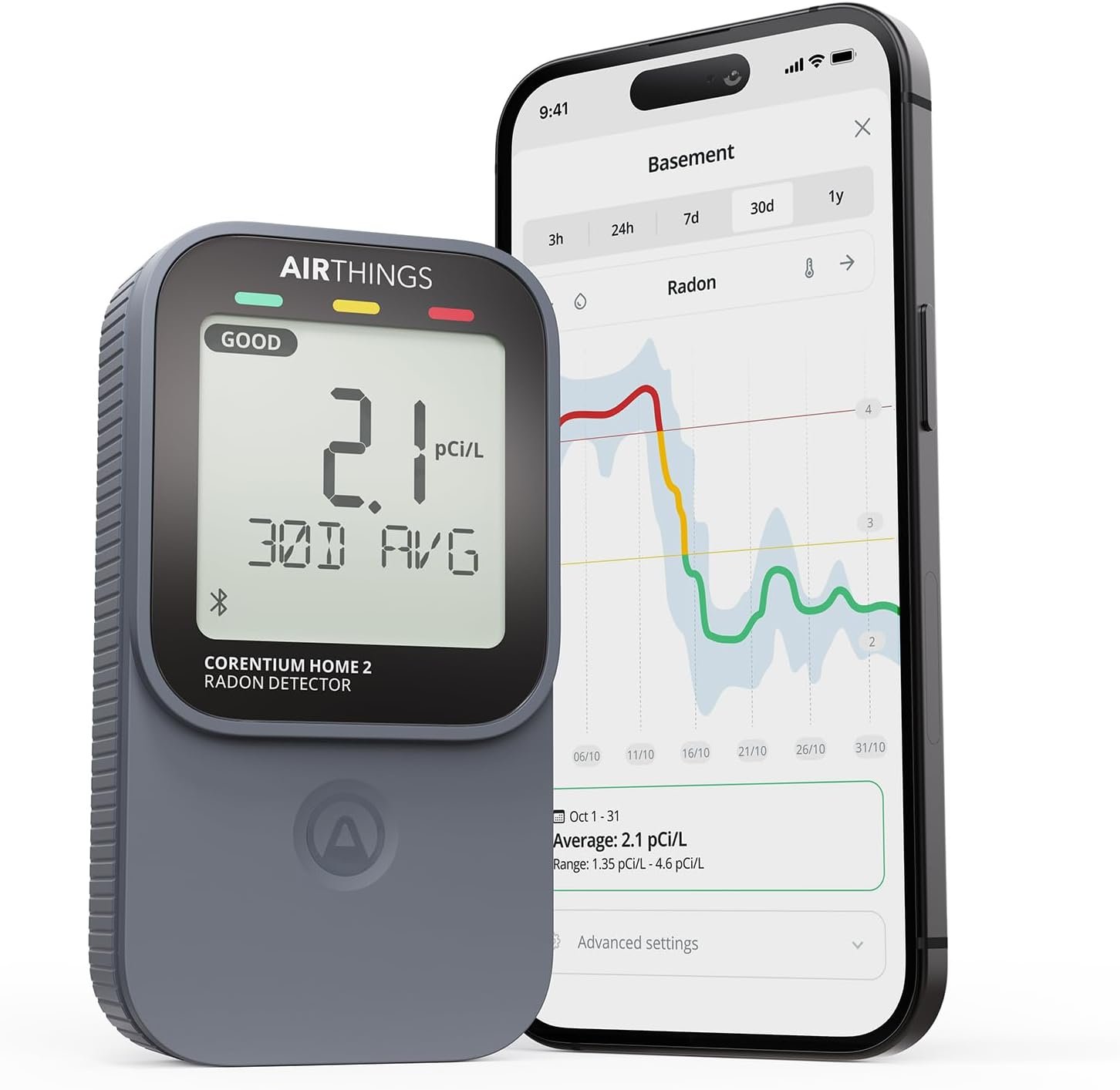 Airthings 325 Corentium Home 2 Smart Digital Radon Detector – Portable and Easy-to-use Radon Testing with Bluetooth connectivity and Humidity & Temperature Sensors