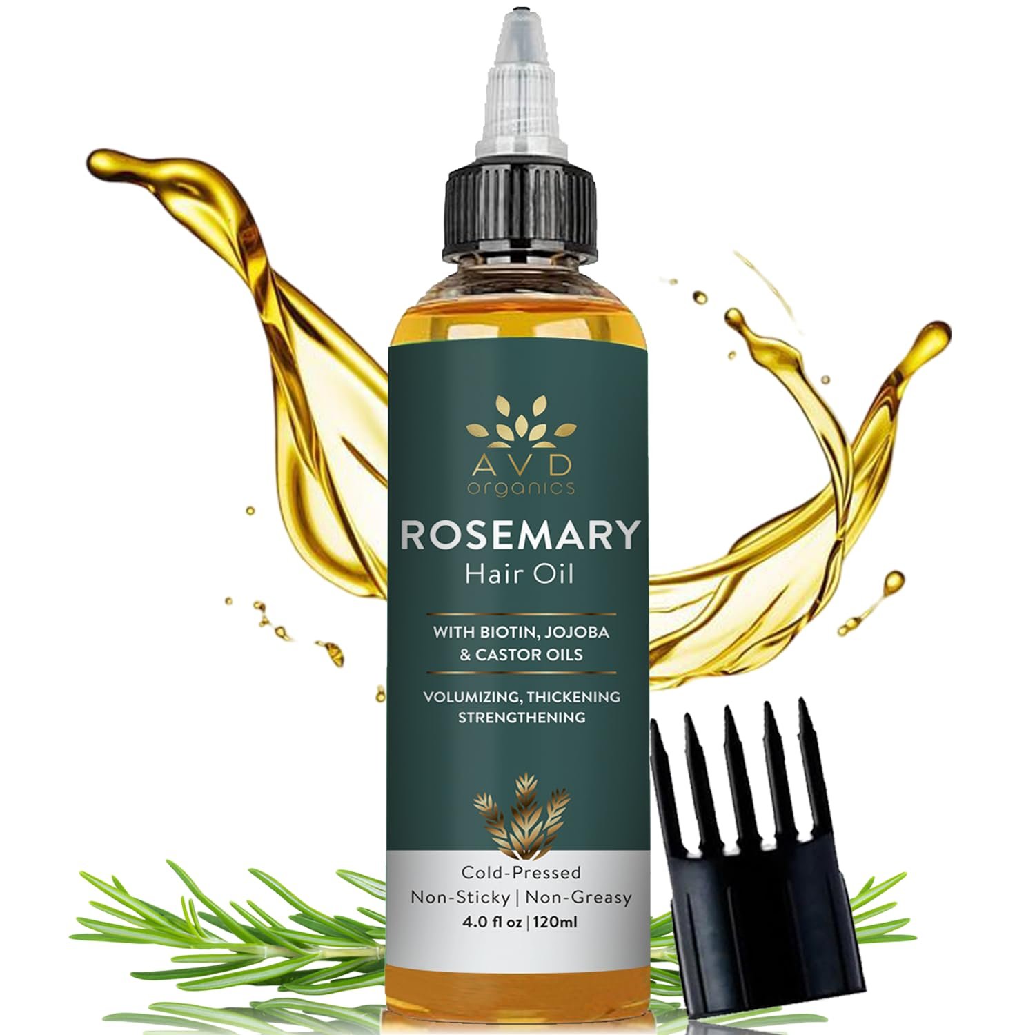 AVD ORGANICS Rosemary Oil for Hair Growth & scalp | Infused with Biotin | Hair Strengthening, Nourishing and Volumizing | infused with Jojoba & Castor Oil | NON – GMO 120ml