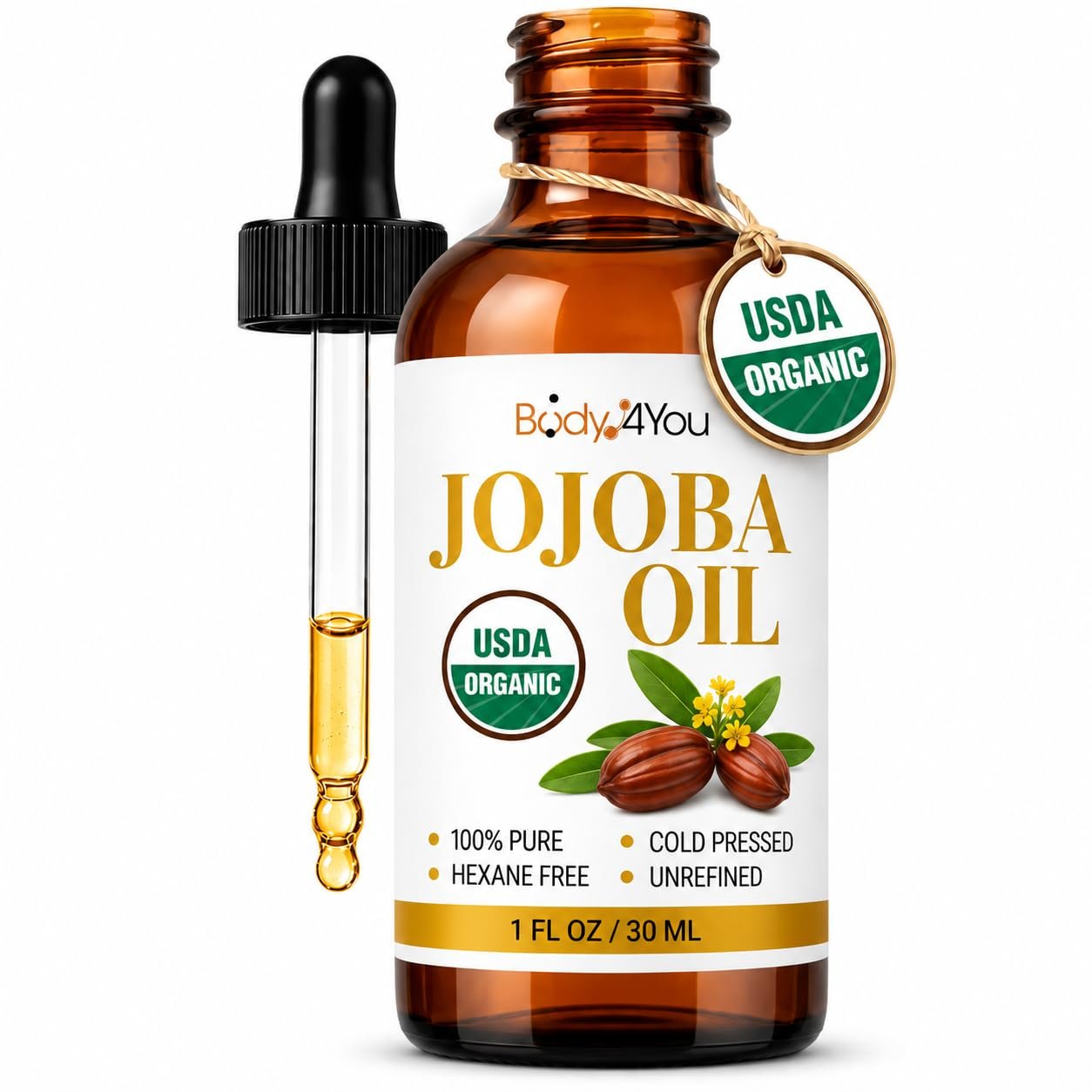 BodyJ4You Organic Golden Jojoba Oil – USDA 100% Pure Cold Pressed Unrefined