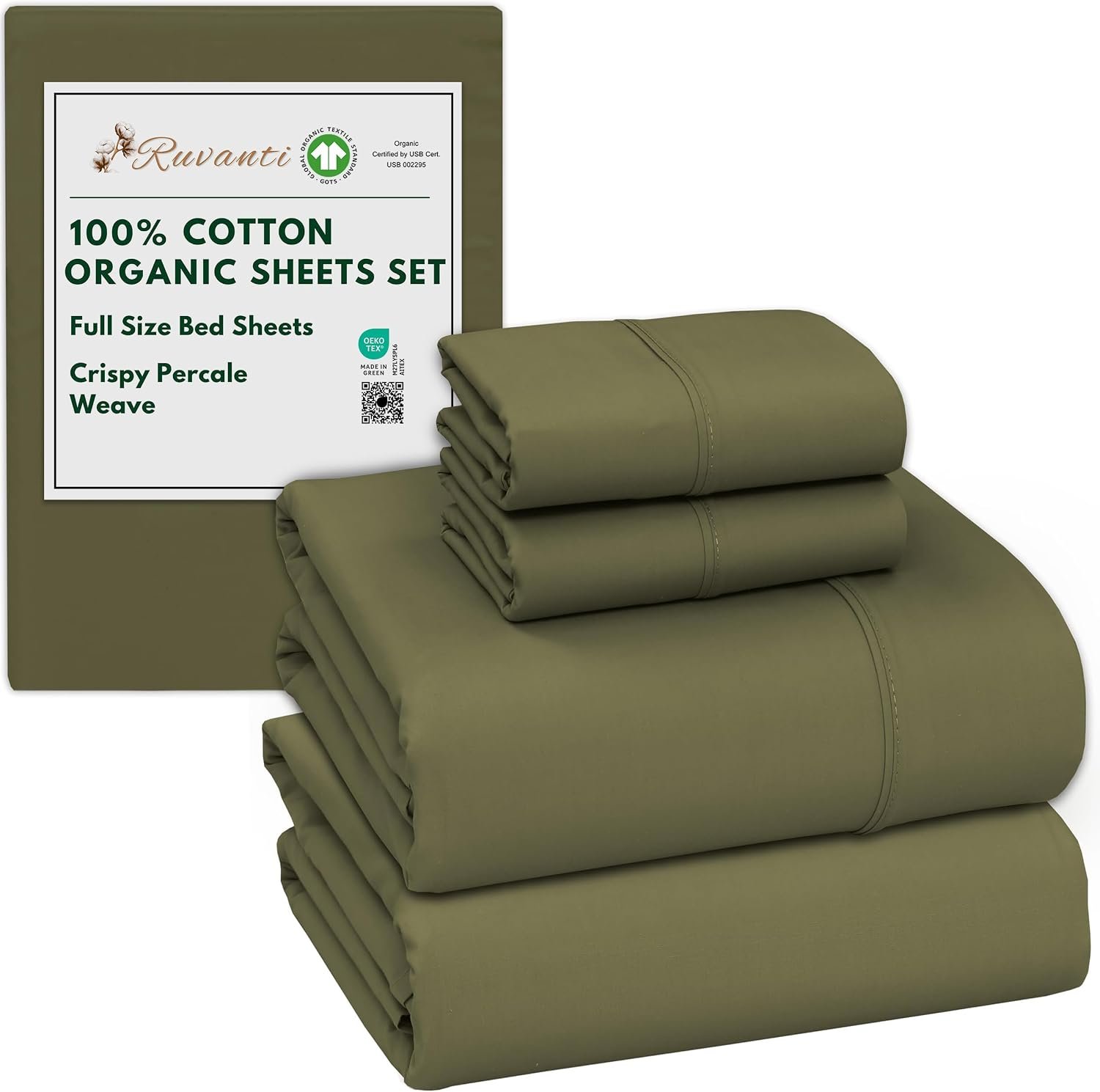RUVANTI 100% Cotton Organic Full Size Sheets Percale Weave, Olive