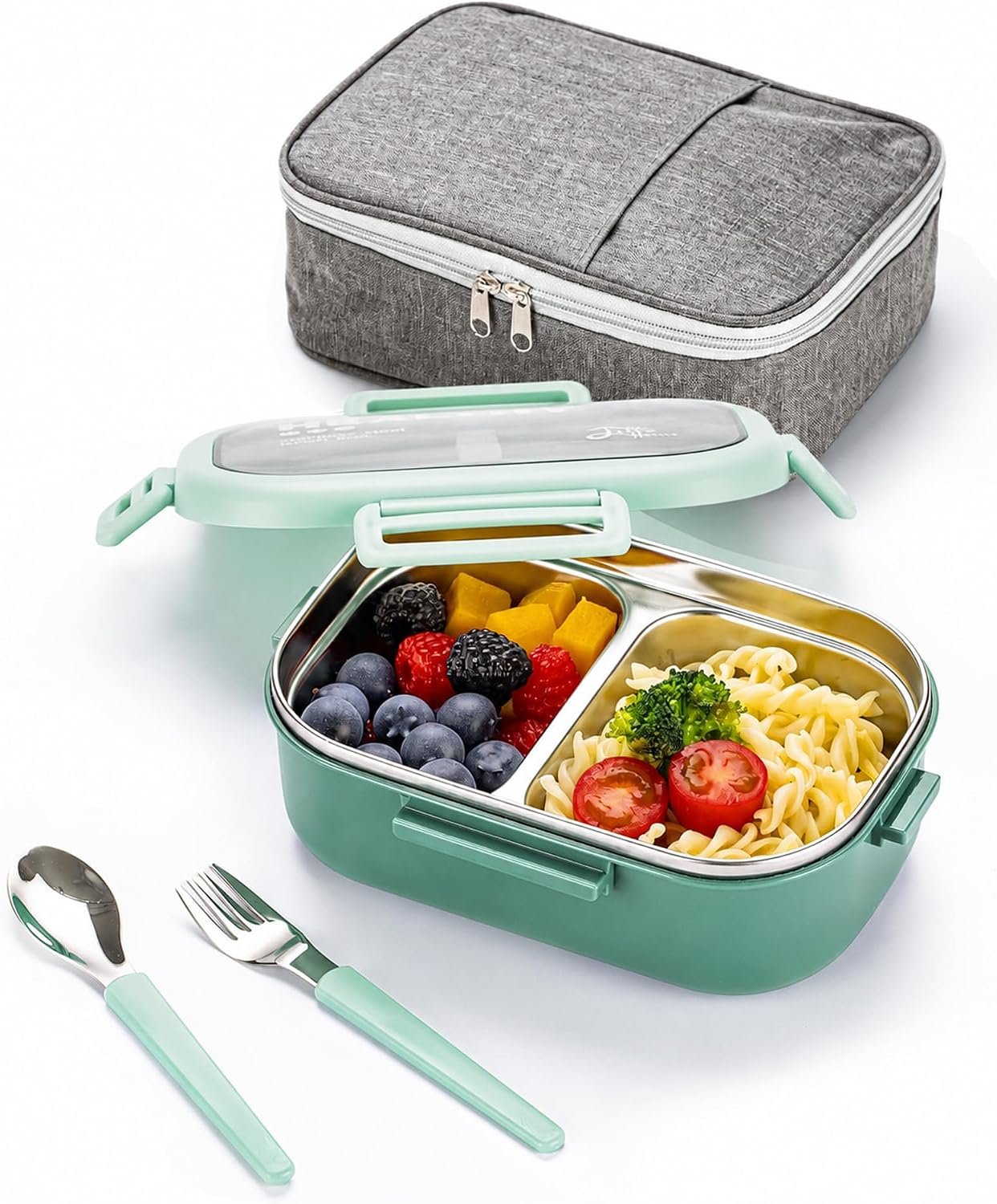 Lille Home 28oz Stainless Steel Leakproof 2-Compartment Bento Lunch Box/Portion Control Food Container with Lunch Bag and Cutlery Set, BPA Free