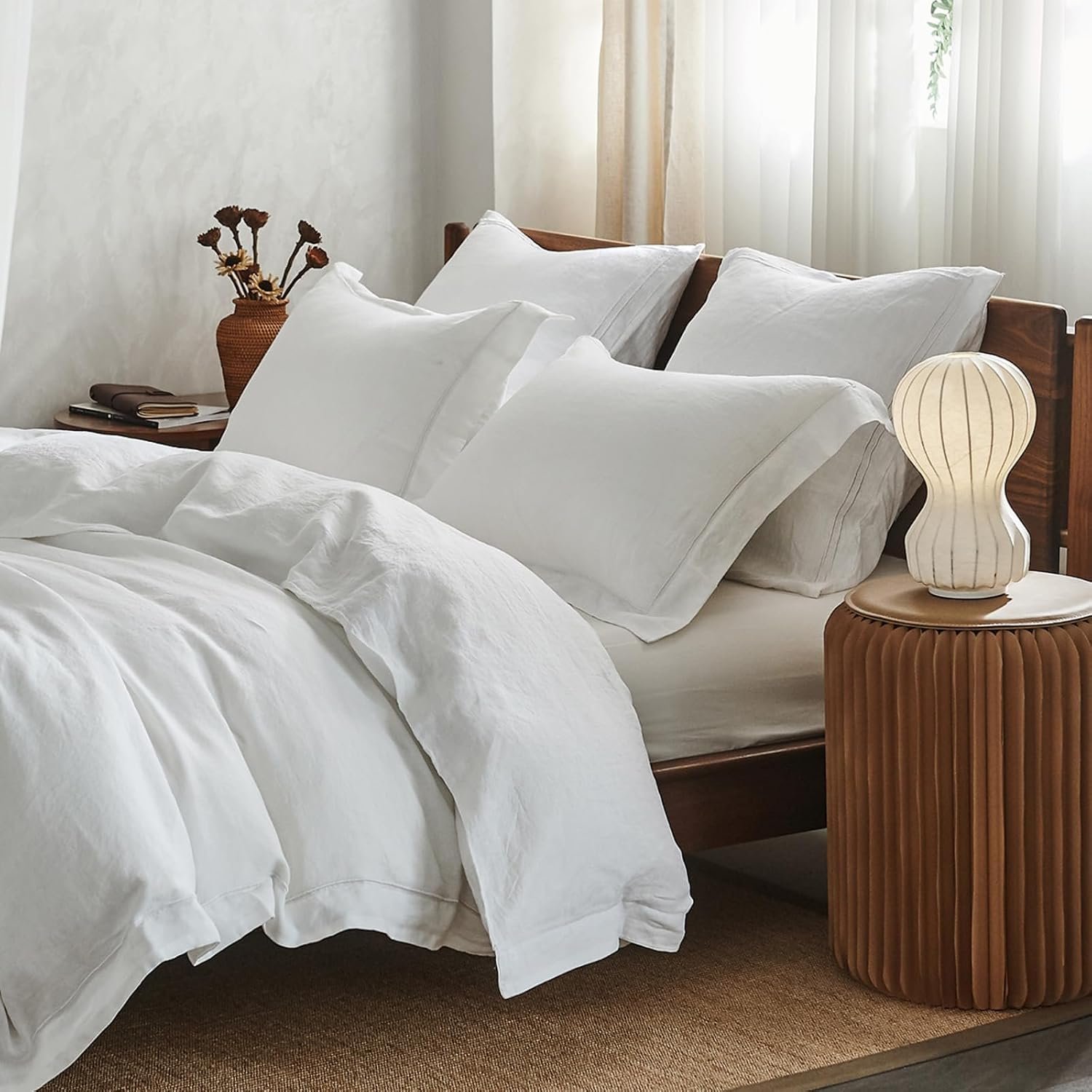 Simple&Opulence 100% French Linen Duvet Cover Set with Embroidered,2 Pcs Washed Soft Farmhouse Bedding Set with Button Closure,1 Comforter Cover and 1 Pillowsham(Twin,White)