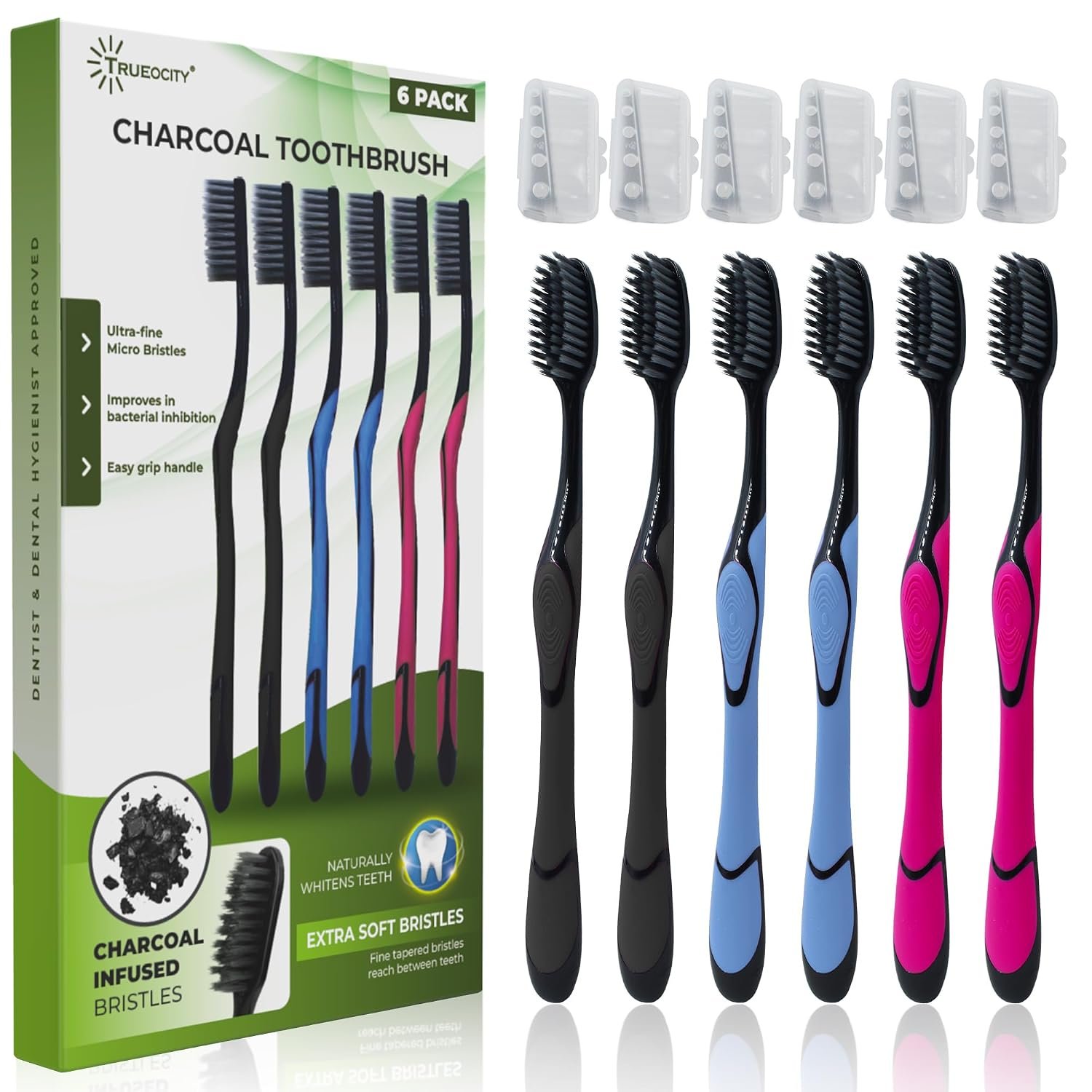 Charcoal Toothbrush 6 Pack, Natural Teeth Whitening Solution – Ultra Soft Tooth Brush – Gentle, Slim Brush Head – Black Toothbrushes for Adults Working Great with Activated Charcoal Toothpaste