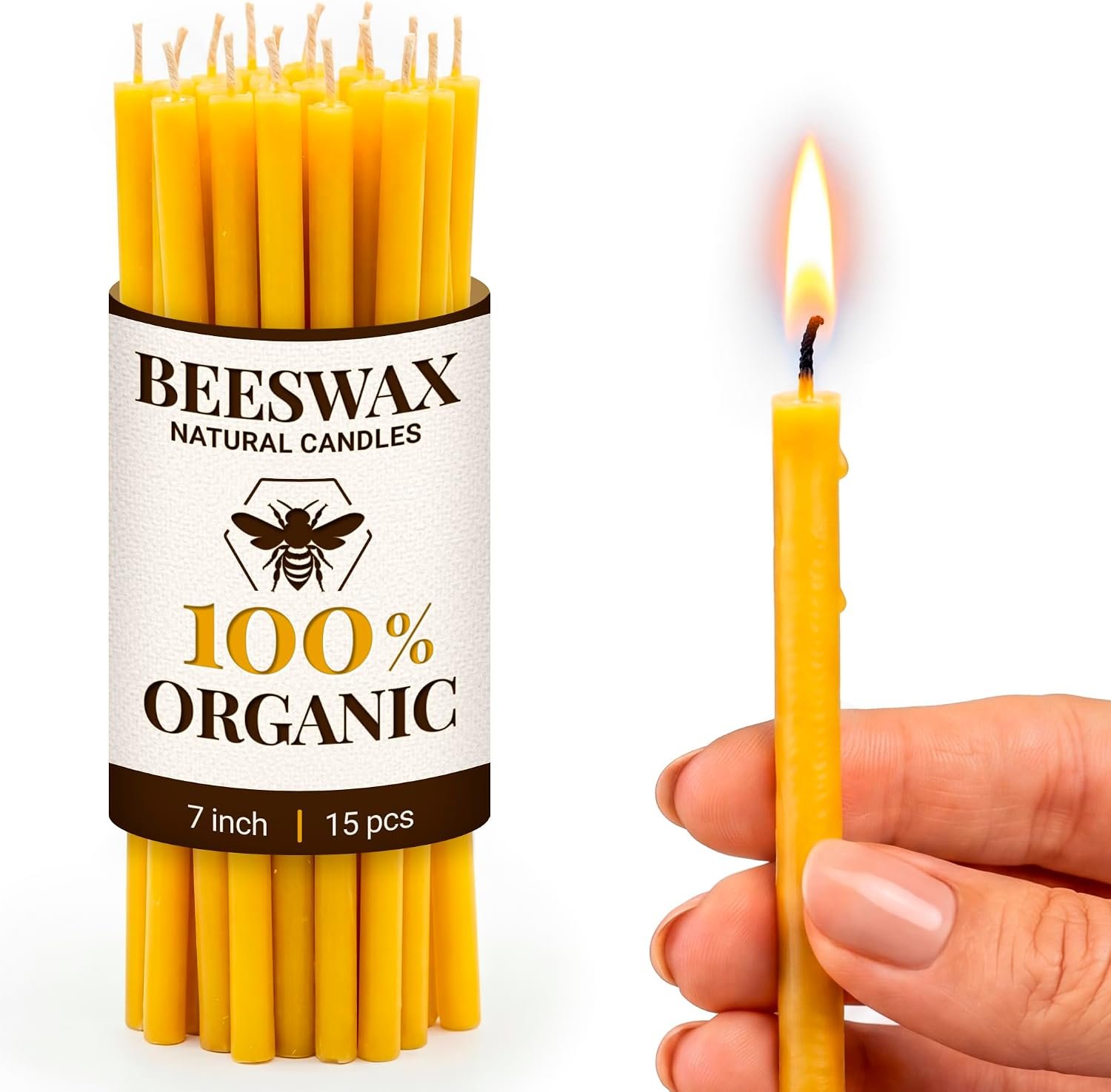 Natural Candles 7” 15 pcs Best Candle Pure Deep Yellow Bee Wax with Great Honey Scent and Cotton Wicks – Eco Friendly 100% Candles for Decoration Home Birthday Cake 110440