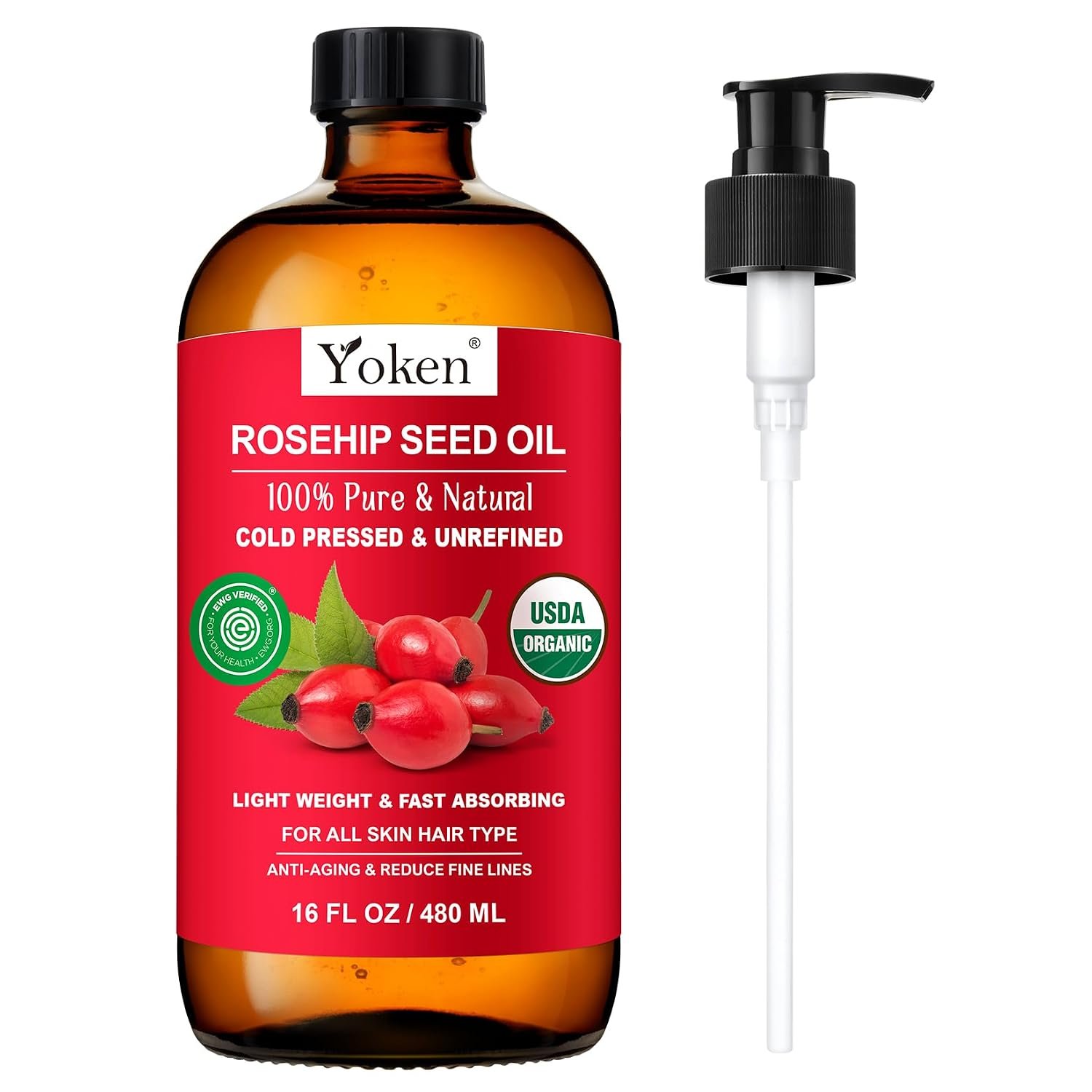 Yoken Organic Rosehip Seed Oil 16oz, Cold Pressed, Glass Bottle