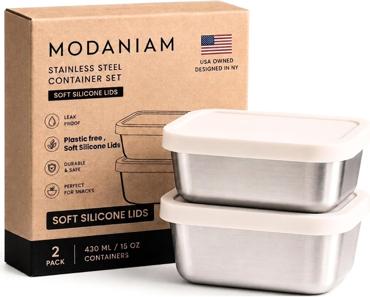 Modaniam Flexibento – Stainless Steel Snack Container Set with Silicone Lids – 2 pack 14 OZ each
