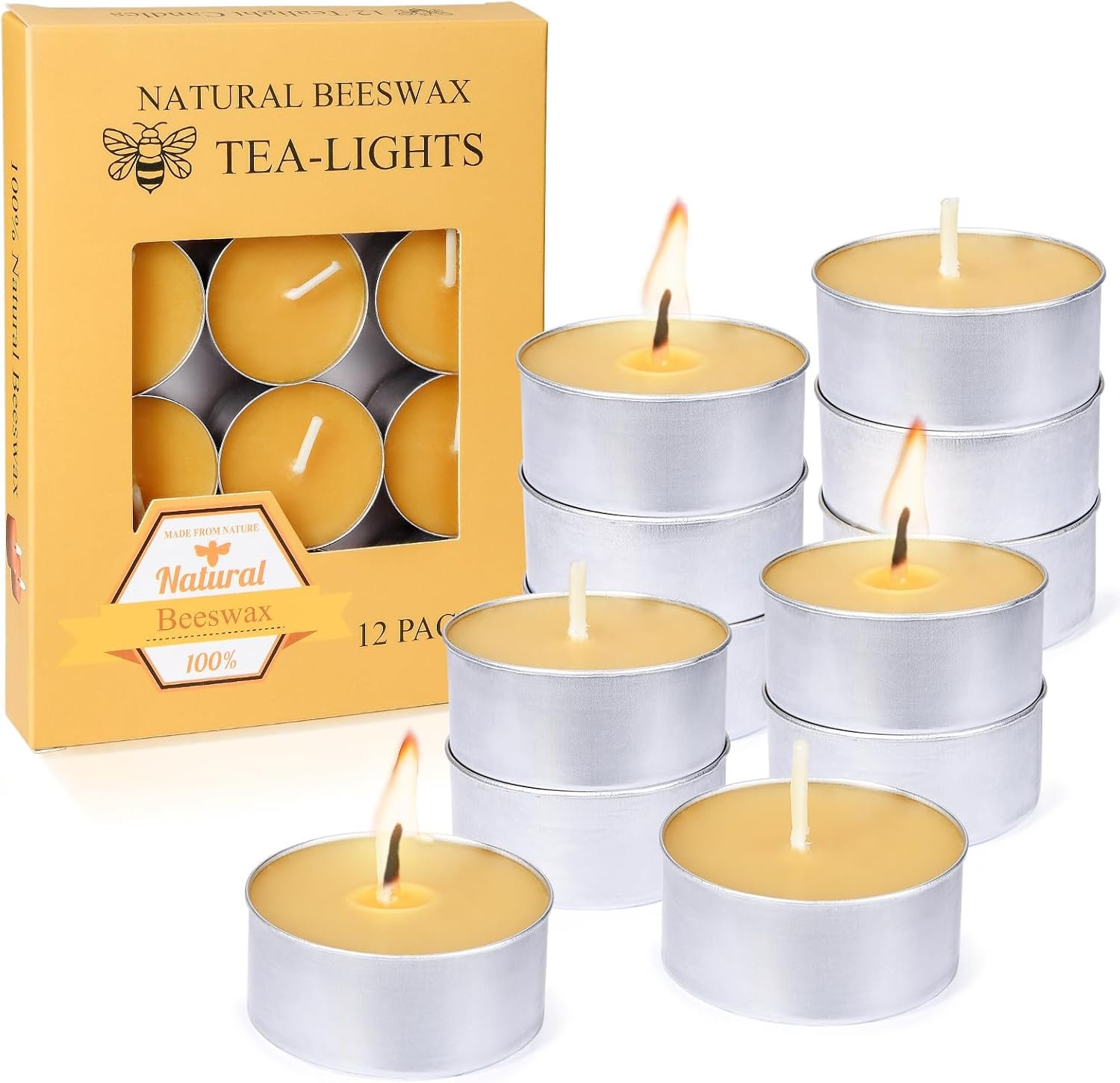 Natural Beeswax Tealight Candles in Metal Aluminum Cup, Yellow, Pack of 12
