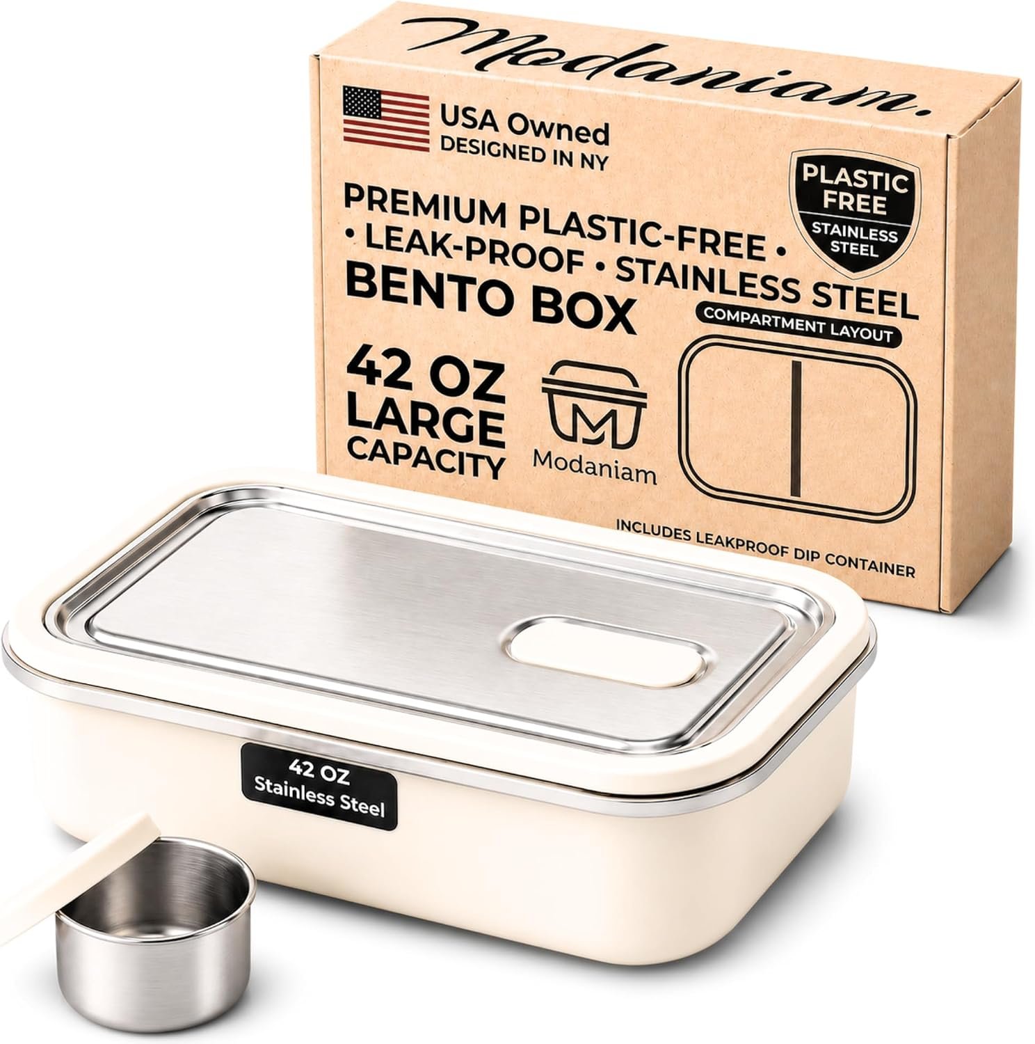 Modaniam Stainless Steel Bento Box, Stainless Steel Lunch Box for Adults, 42 OZ, Metal Lunch Box, Lunch Containers with Compartment, Vanilla, Leak Proof