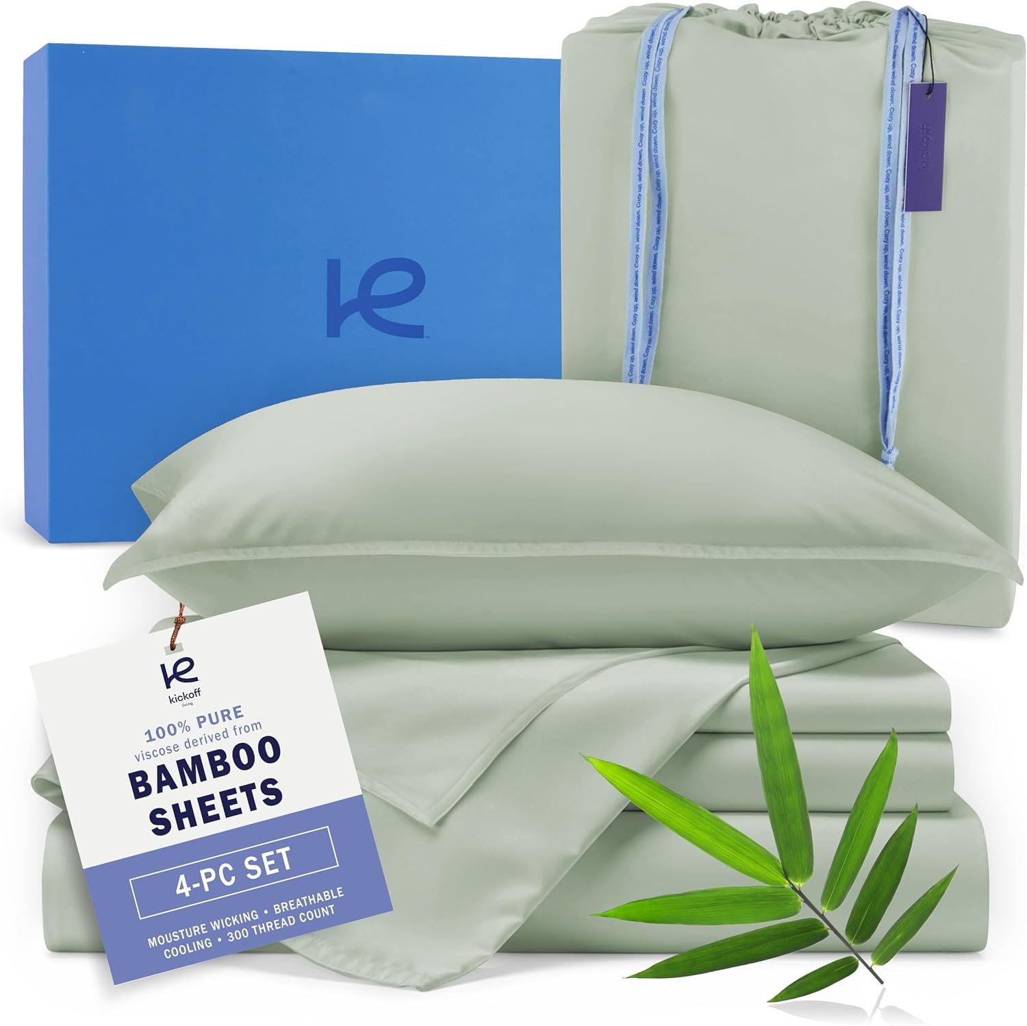 Kickoff Viscose Bamboo Sheets King Size 4-pc 100% Organic Bamboo Viscose Bed Cooling Sheets King Size Set Cool Bedding for hot Sleepers Sheet Set – Gift Ready Packaging (Sage Green,K)