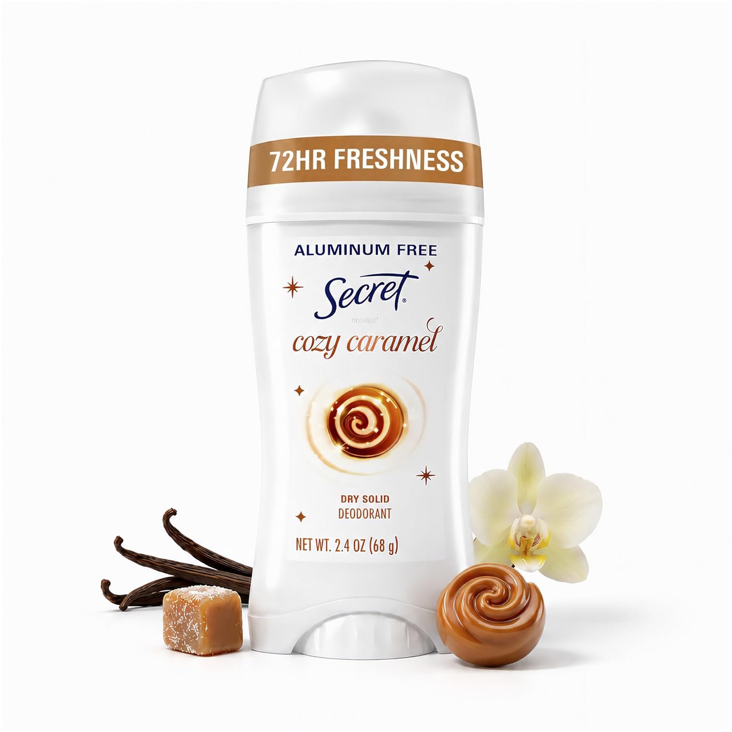 Secret Aluminum Free Deodorant for Women, 72hr Magnesium Odor Protection with Pro-Hyaluronic Acid, PH Balancing Minerals, Holiday Dry Solid, Cozy Caramel Scent, 2.4 oz